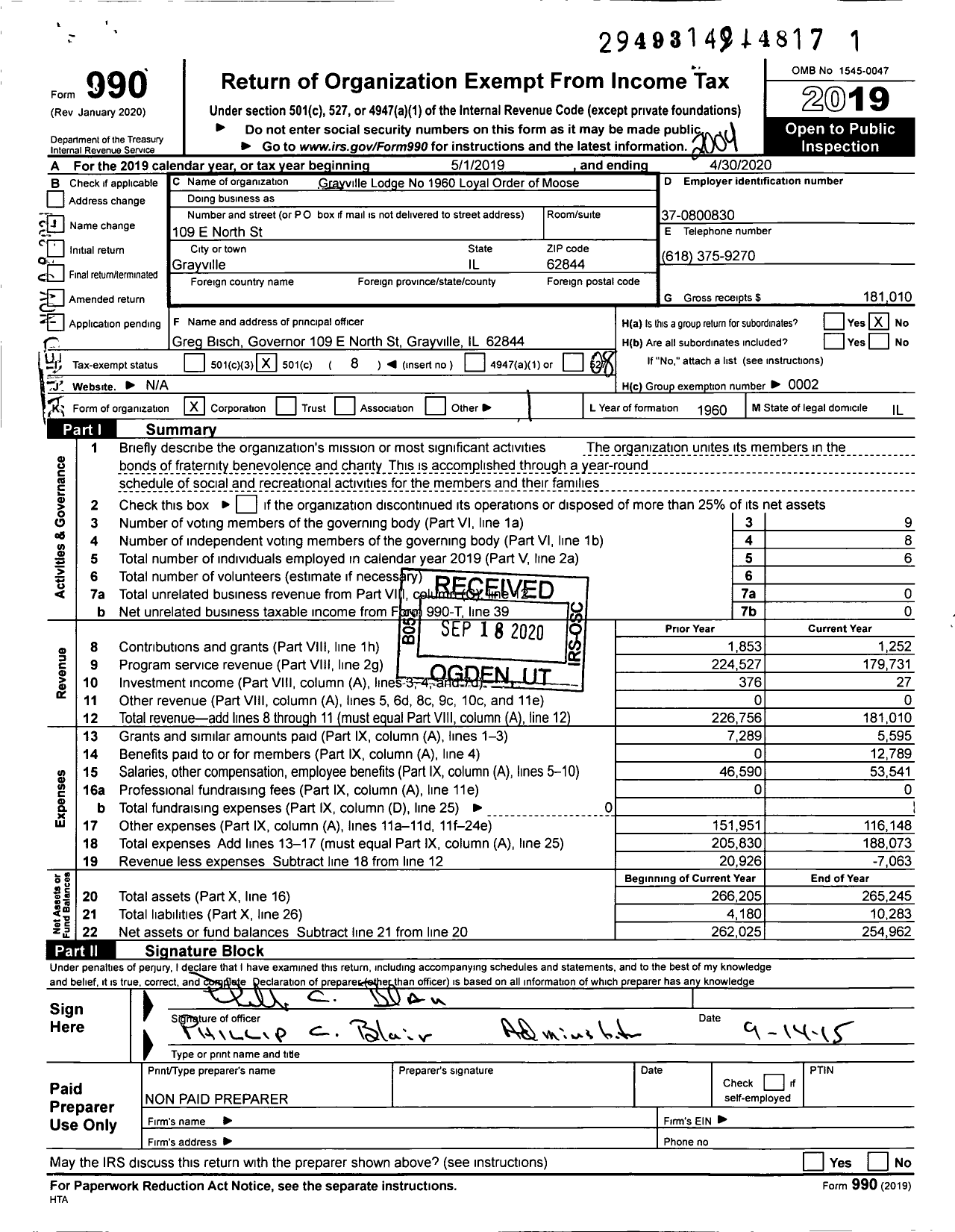 Image of first page of 2019 Form 990O for Loyal Order of Moose - 1960