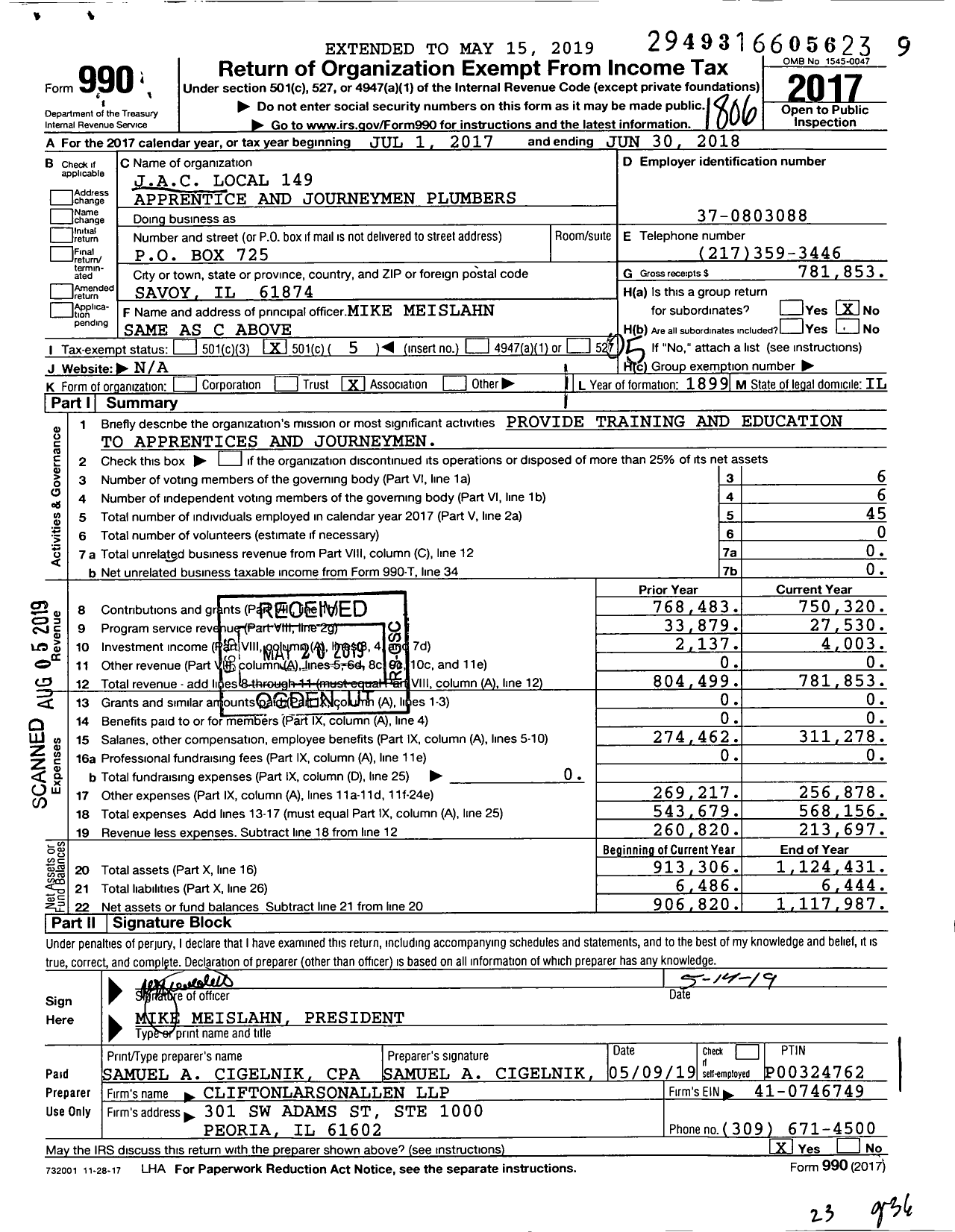 Image of first page of 2017 Form 990O for Jac Local 149 Apprentice and Journeymen Plumbers