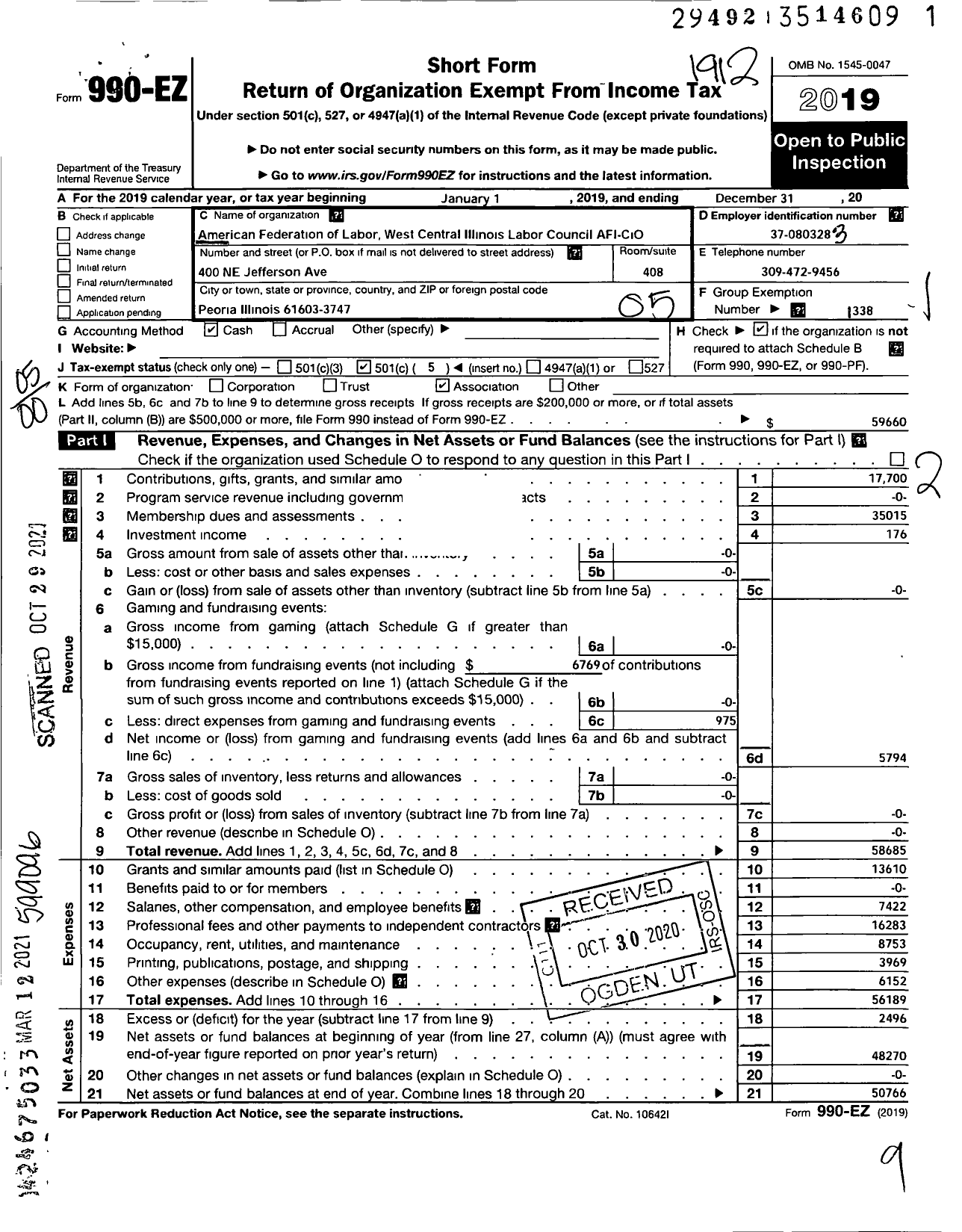 Image of first page of 2019 Form 990EO for AFL-CIO - West Central Illinois LC