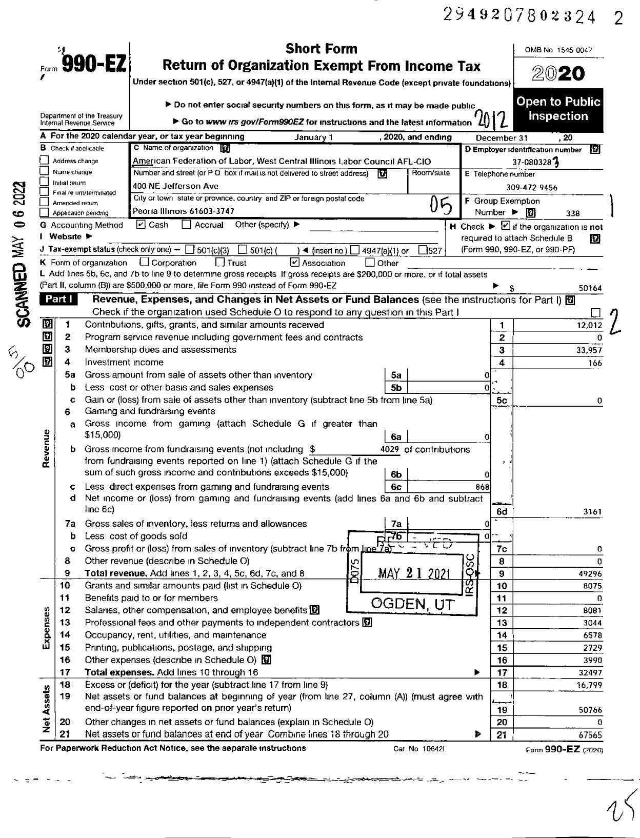 Image of first page of 2020 Form 990EO for AFL-CIO - West Central Illinois LC