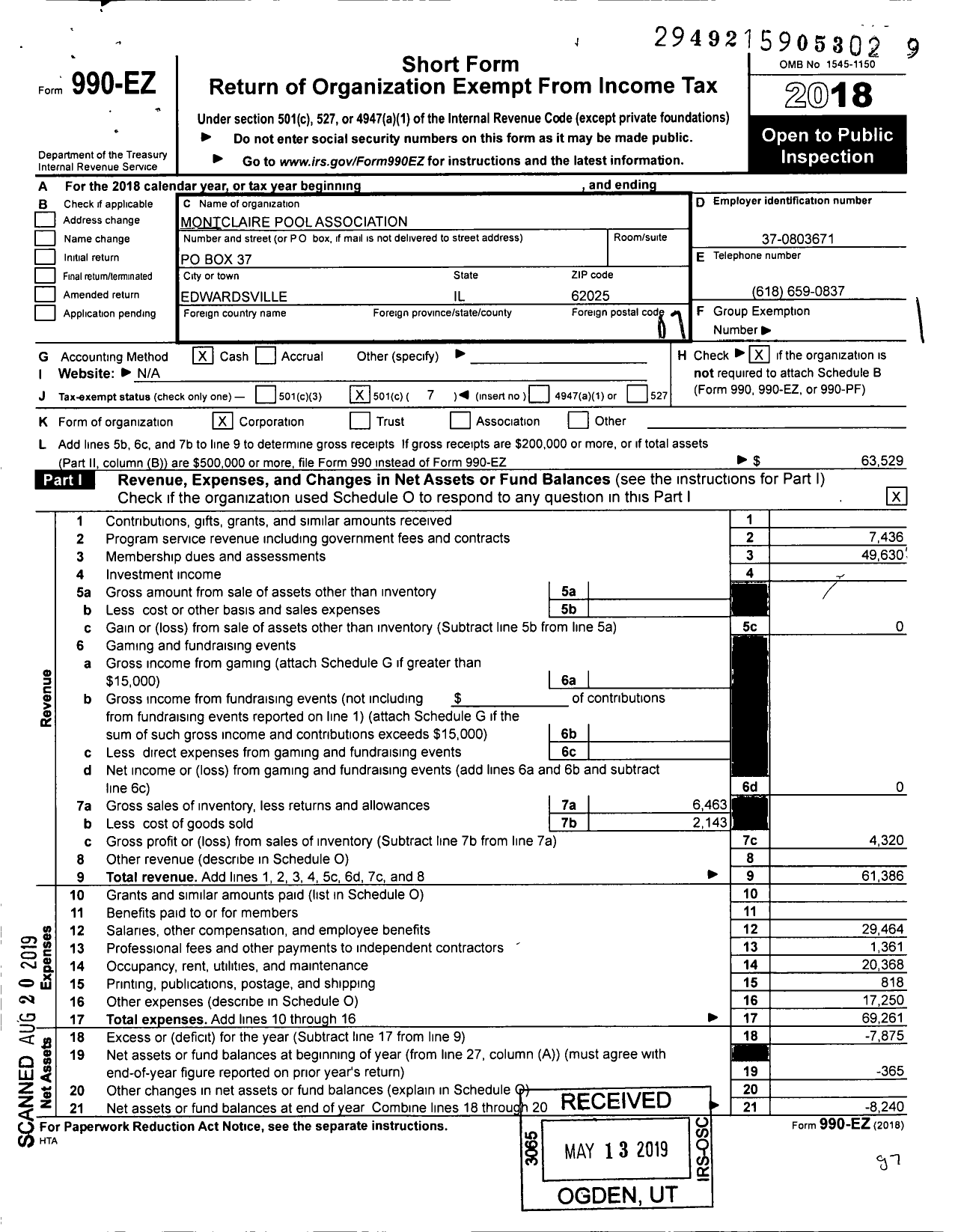 Image of first page of 2018 Form 990EO for Montclaire Pool Association