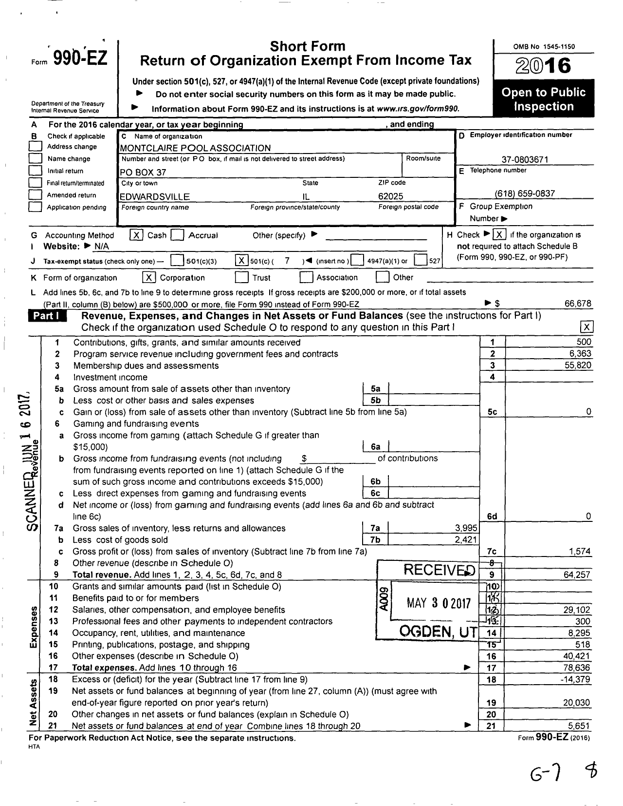 Image of first page of 2016 Form 990EO for Montclaire Pool Association