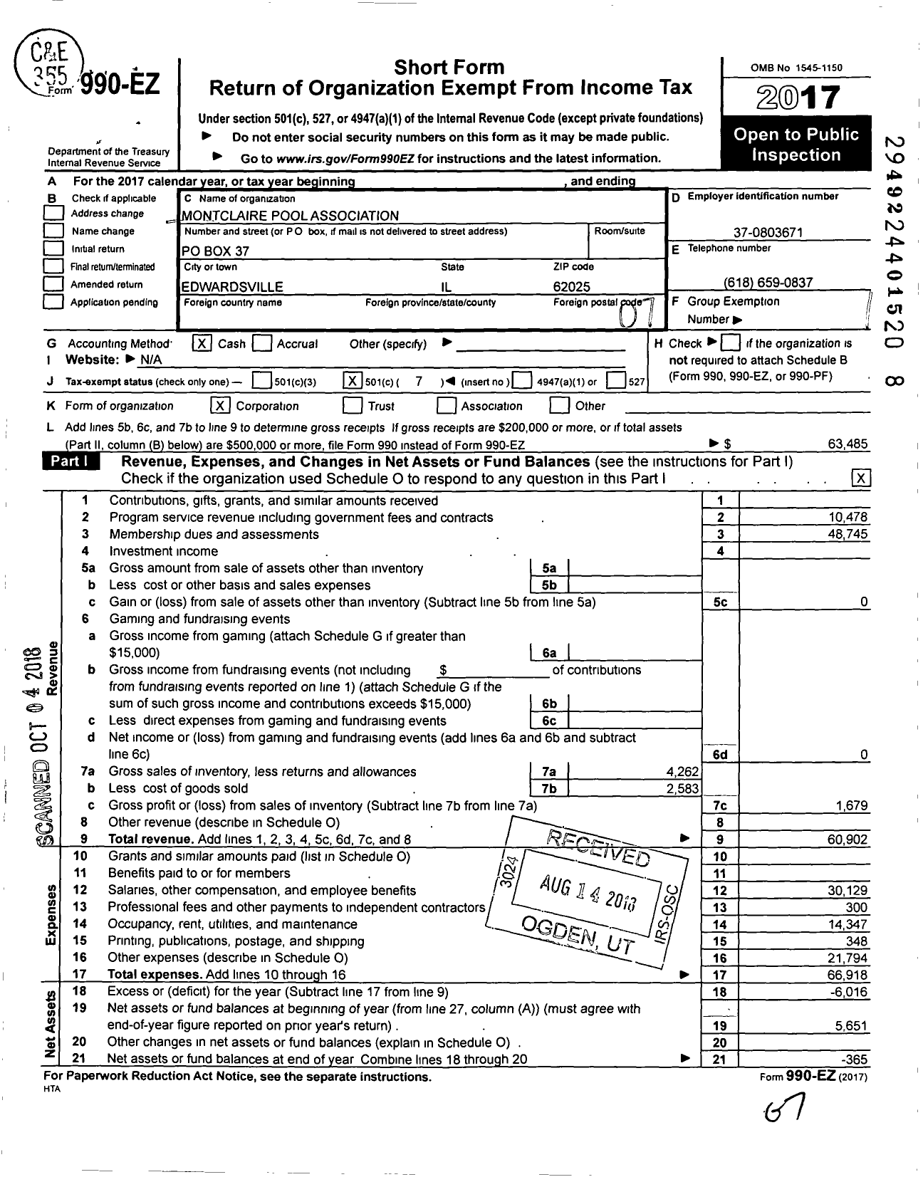 Image of first page of 2017 Form 990EO for Montclaire Pool Association