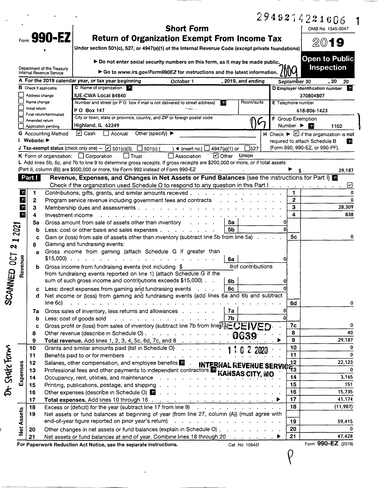 Image of first page of 2019 Form 990EO for Communications Workers of America - 84840 Local