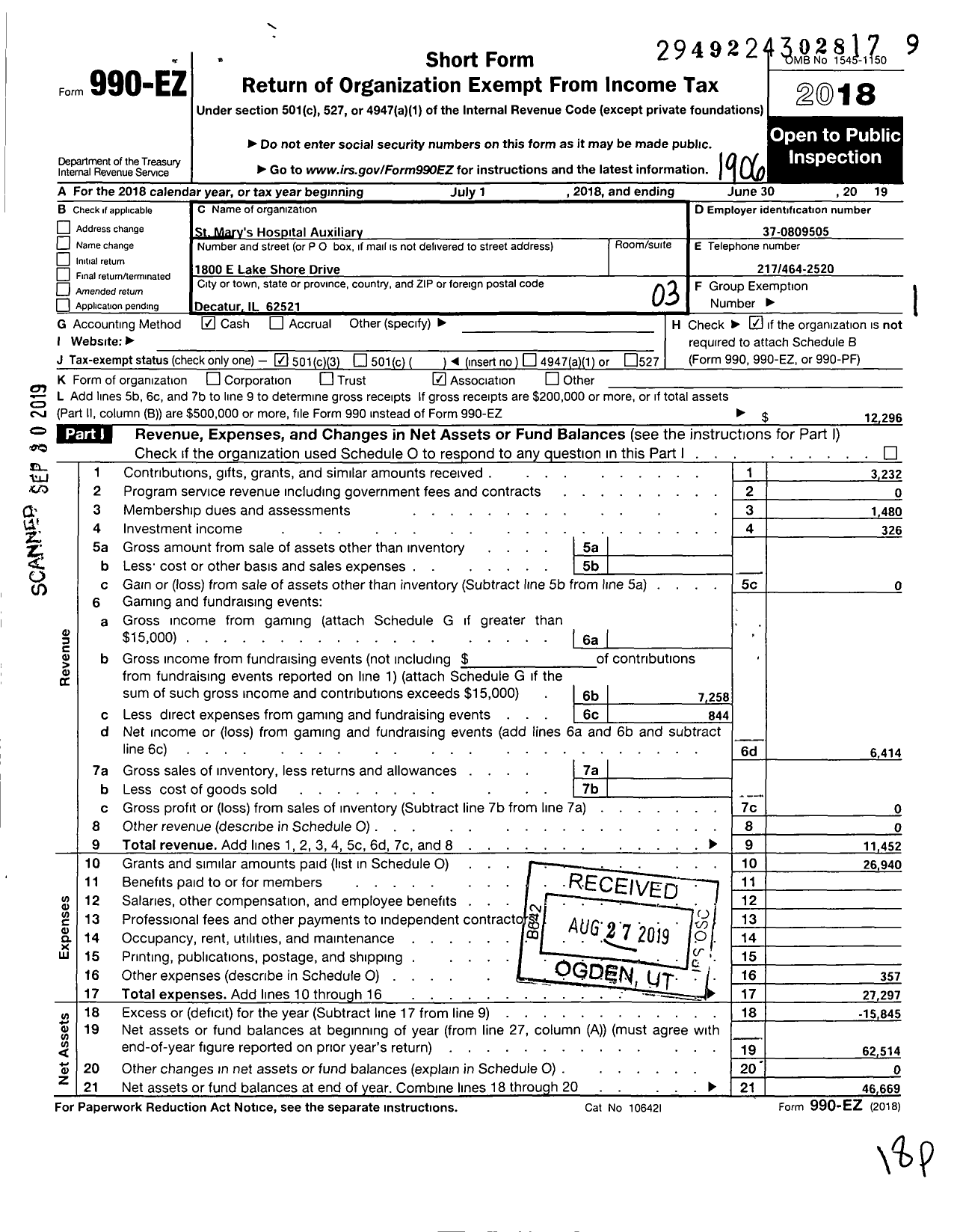 Image of first page of 2018 Form 990EZ for Auxillary of HSHS St Marys Hospital