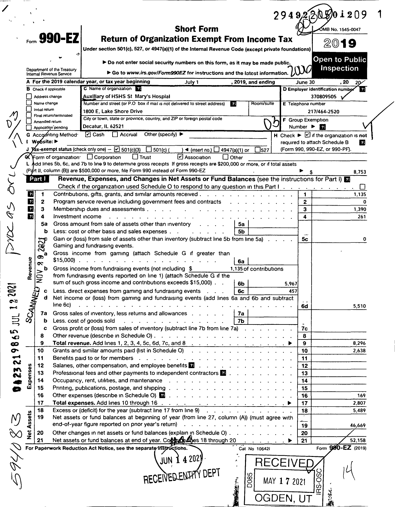 Image of first page of 2019 Form 990EZ for Auxillary of HSHS St Marys Hospital