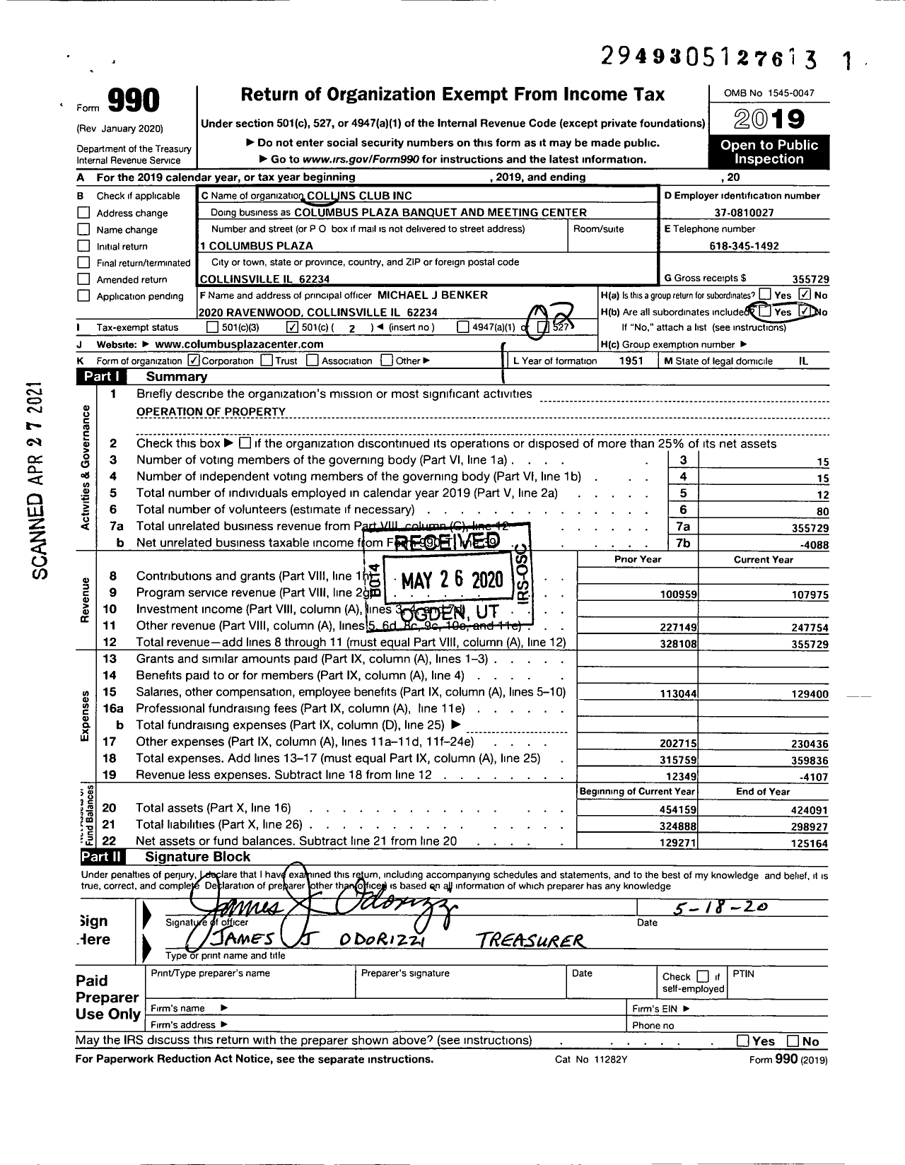 Image of first page of 2019 Form 990O for Collins Club