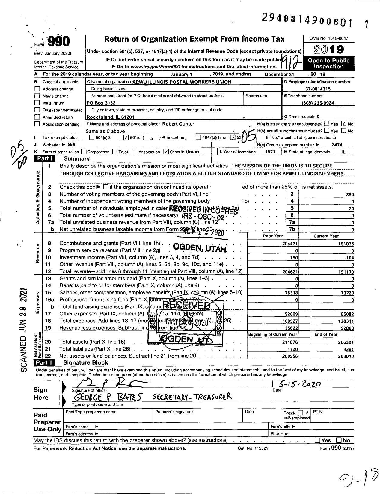 Image of first page of 2019 Form 990O for AMERICAN POSTAL WORKERS UNION - Illinois POSTAL WORKERS UNION