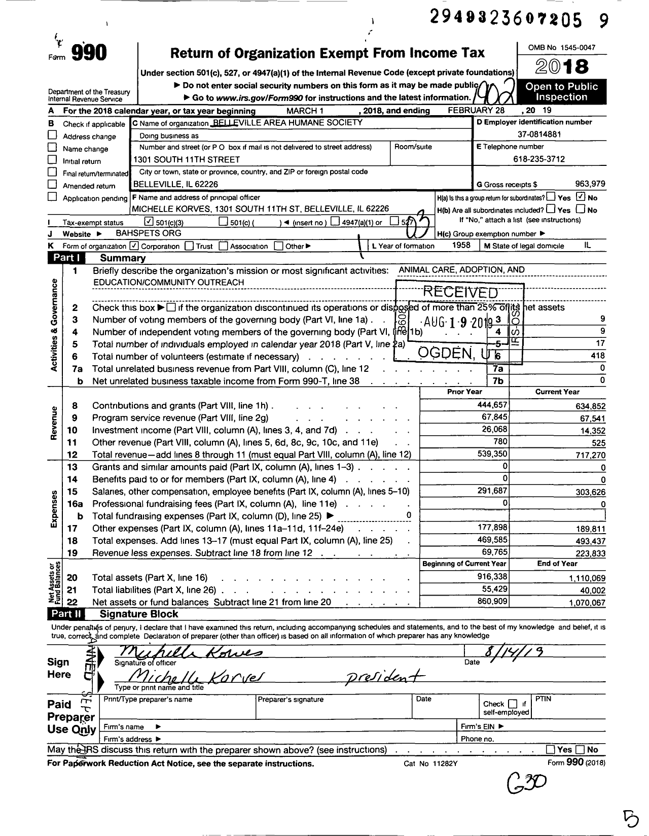 Image of first page of 2018 Form 990 for Belleville Area Humane Society