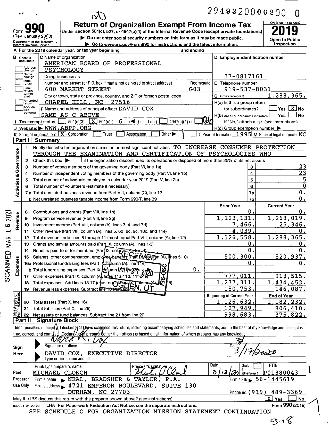 Image of first page of 2019 Form 990O for American Board of Professional Psychology (ABPP)