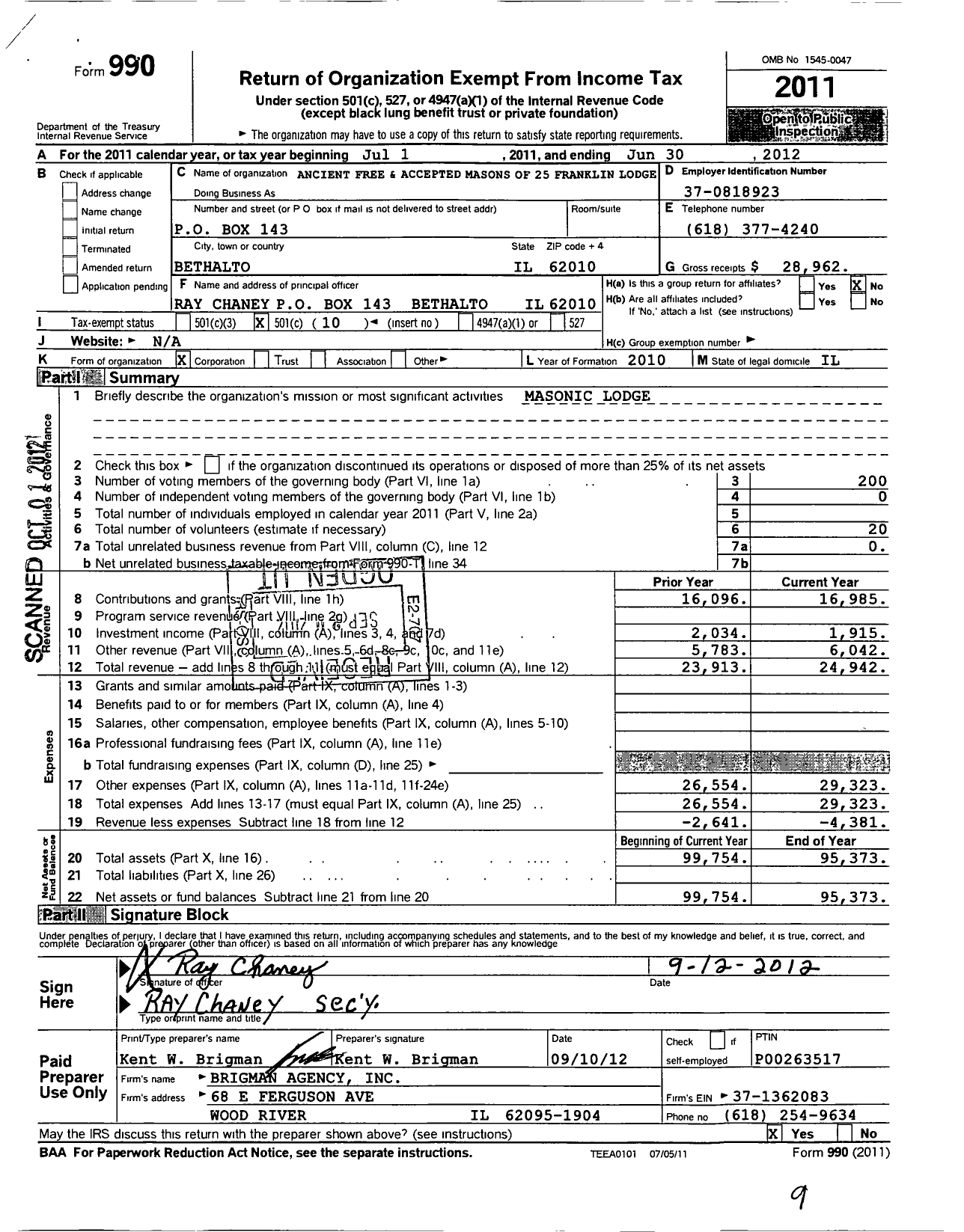 Image of first page of 2011 Form 990O for Ancient Free & Accepted Masons of Illinois - 25 Franklin Lodge