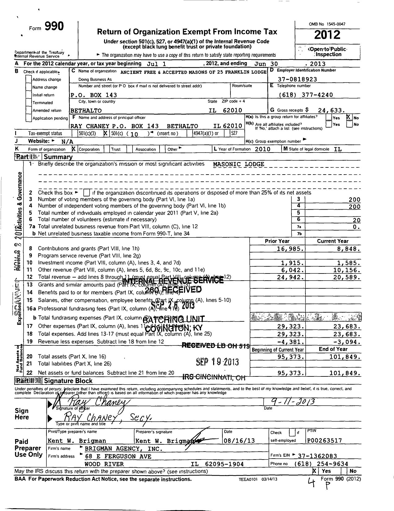 Image of first page of 2012 Form 990O for Ancient Free & Accepted Masons of Illinois - 25 Franklin Lodge