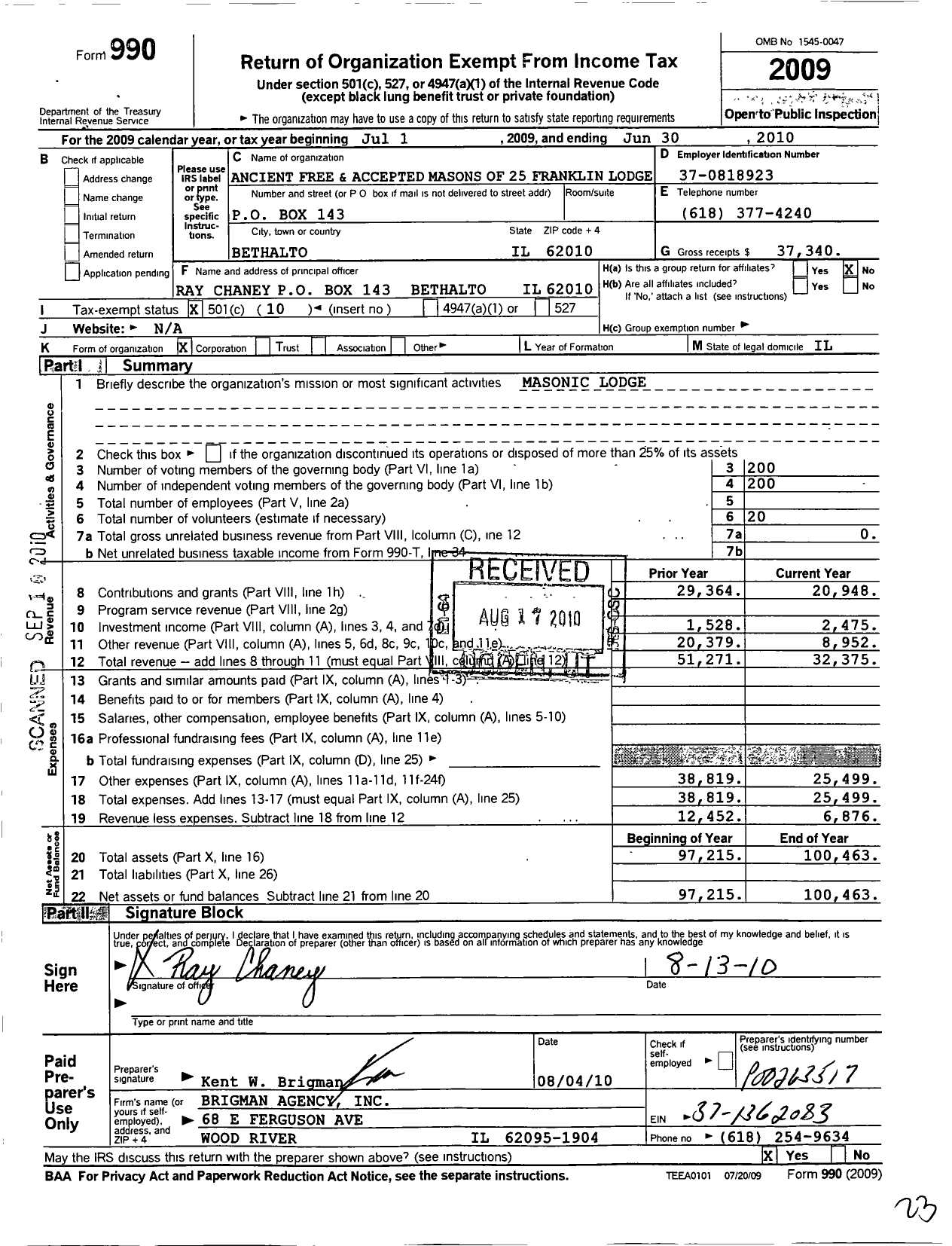 Image of first page of 2009 Form 990O for Ancient Free & Accepted Masons of Illinois - 25 Franklin Lodge