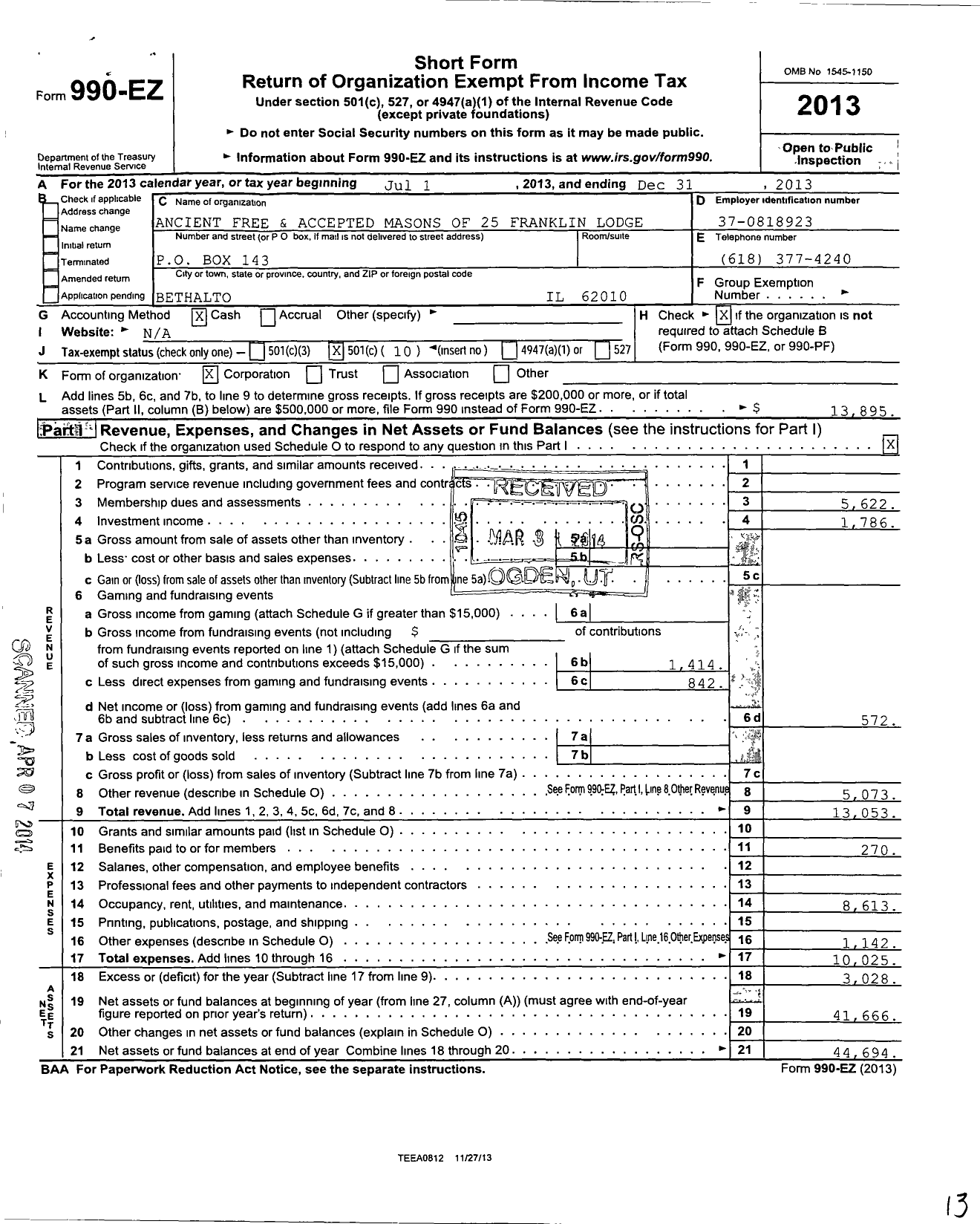 Image of first page of 2013 Form 990EO for Ancient Free & Accepted Masons of Illinois - 25 Franklin Lodge