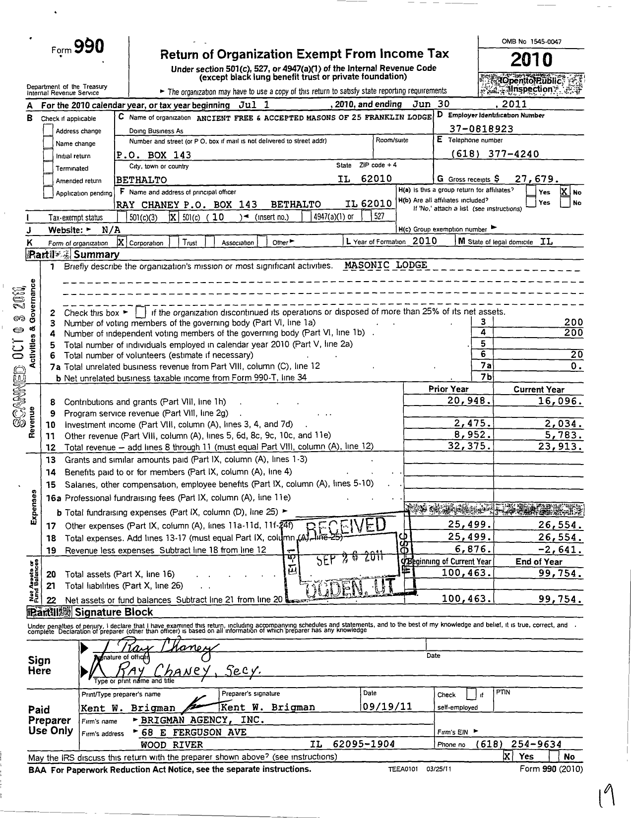 Image of first page of 2010 Form 990O for Ancient Free & Accepted Masons of Illinois - 25 Franklin Lodge