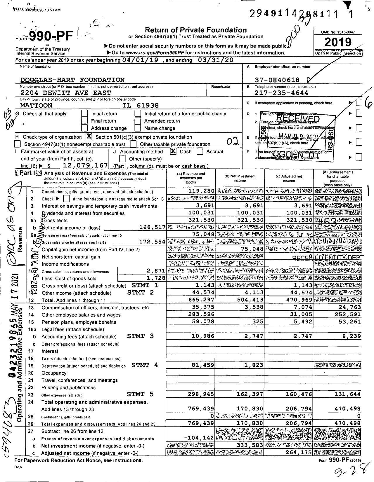 Image of first page of 2019 Form 990PF for Douglas-Hart Foundation