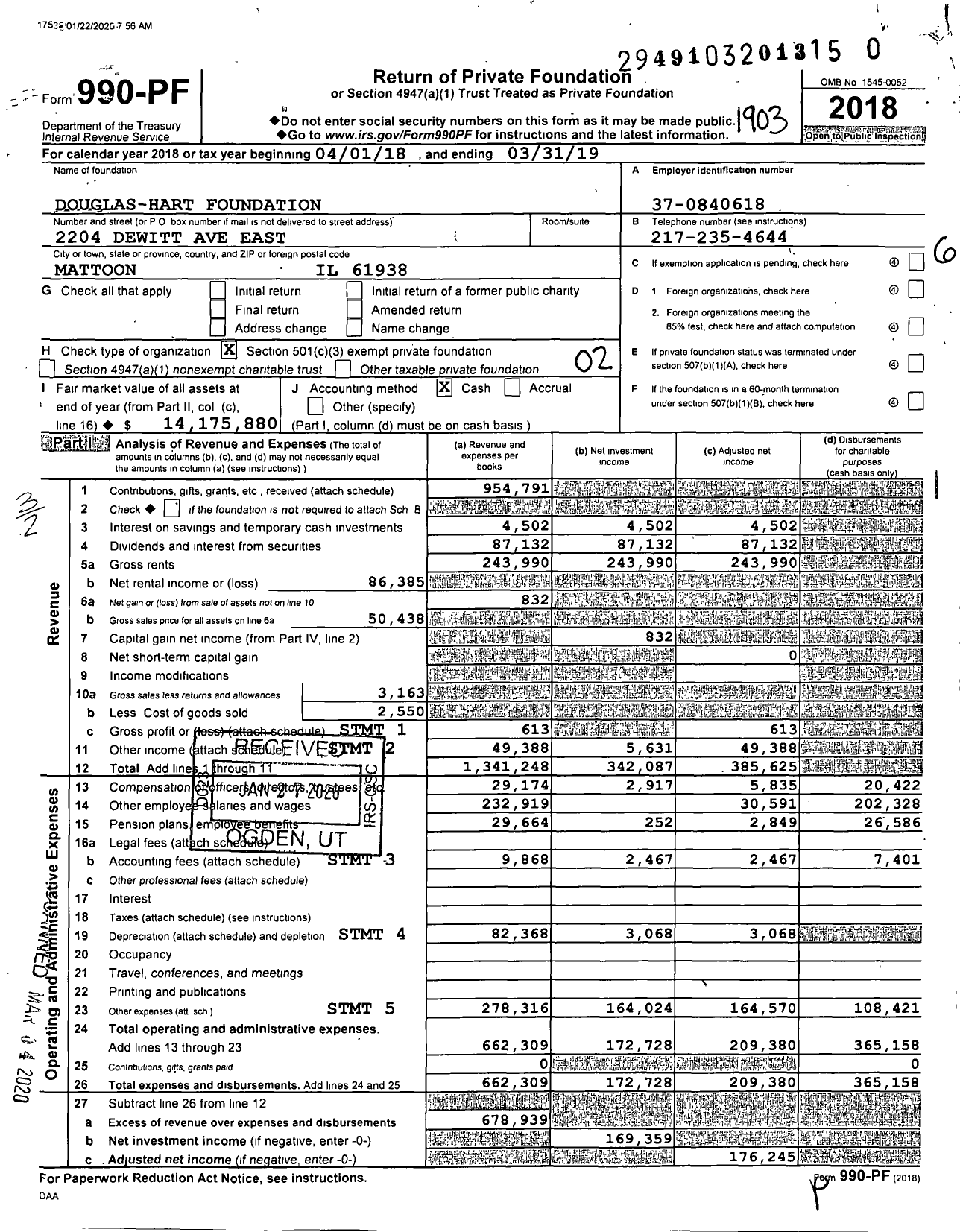 Image of first page of 2018 Form 990PR for Douglas-Hart Foundation