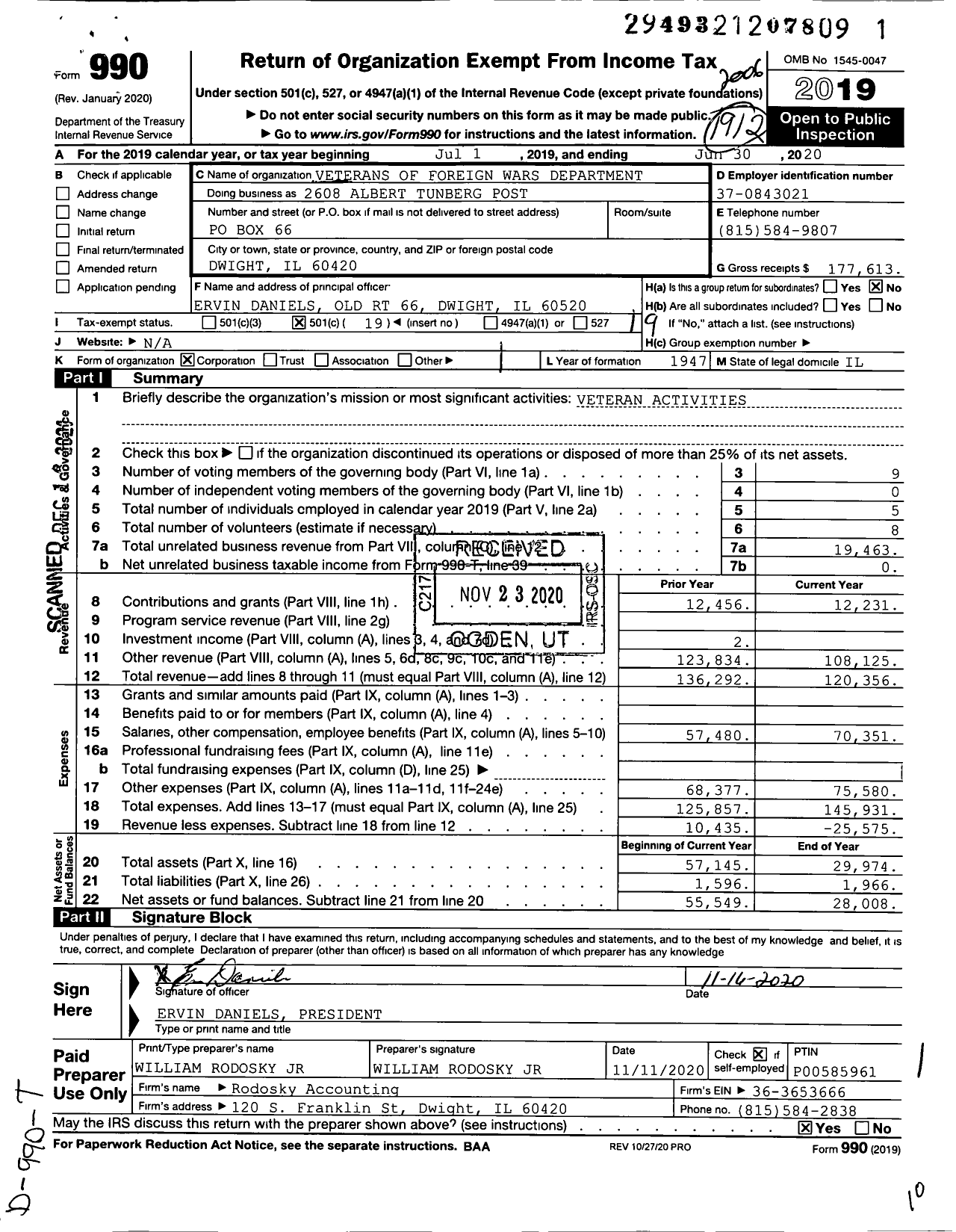 Image of first page of 2019 Form 990O for VFW Dept of Illinois - 2608 Albert Tunberg Post