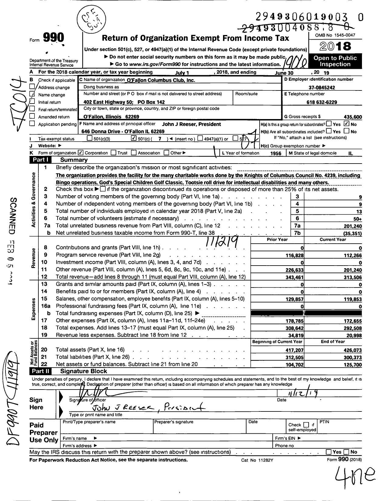 Image of first page of 2018 Form 990O for O'Fallon Columbus Club