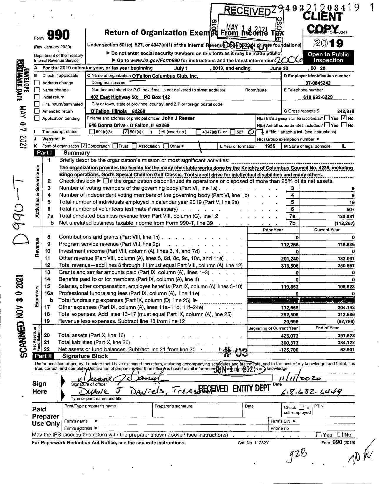 Image of first page of 2019 Form 990O for O'Fallon Columbus Club