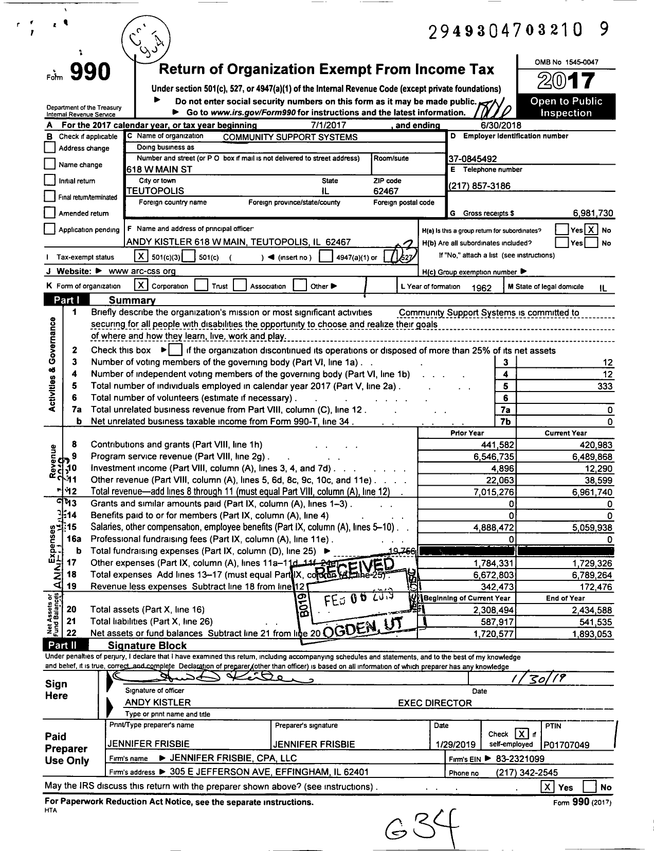 Image of first page of 2017 Form 990 for Community Support Systems (ARC-CSS)