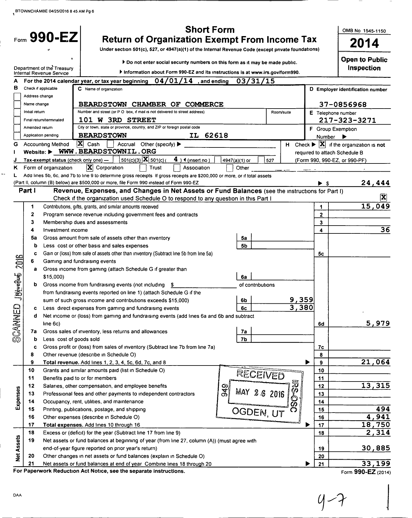 Image of first page of 2014 Form 990EO for Beardstown Chamber of Commerce