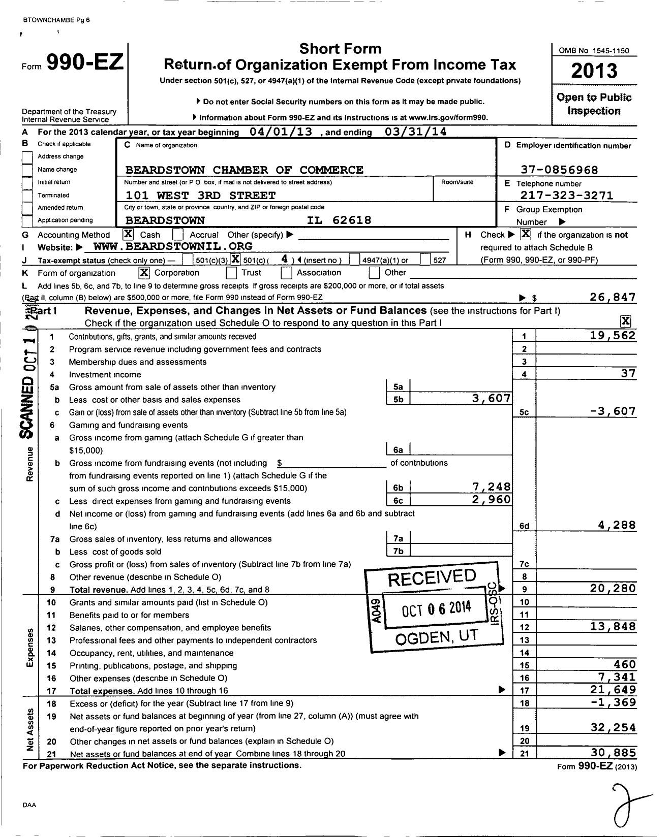 Image of first page of 2013 Form 990EO for Beardstown Chamber of Commerce