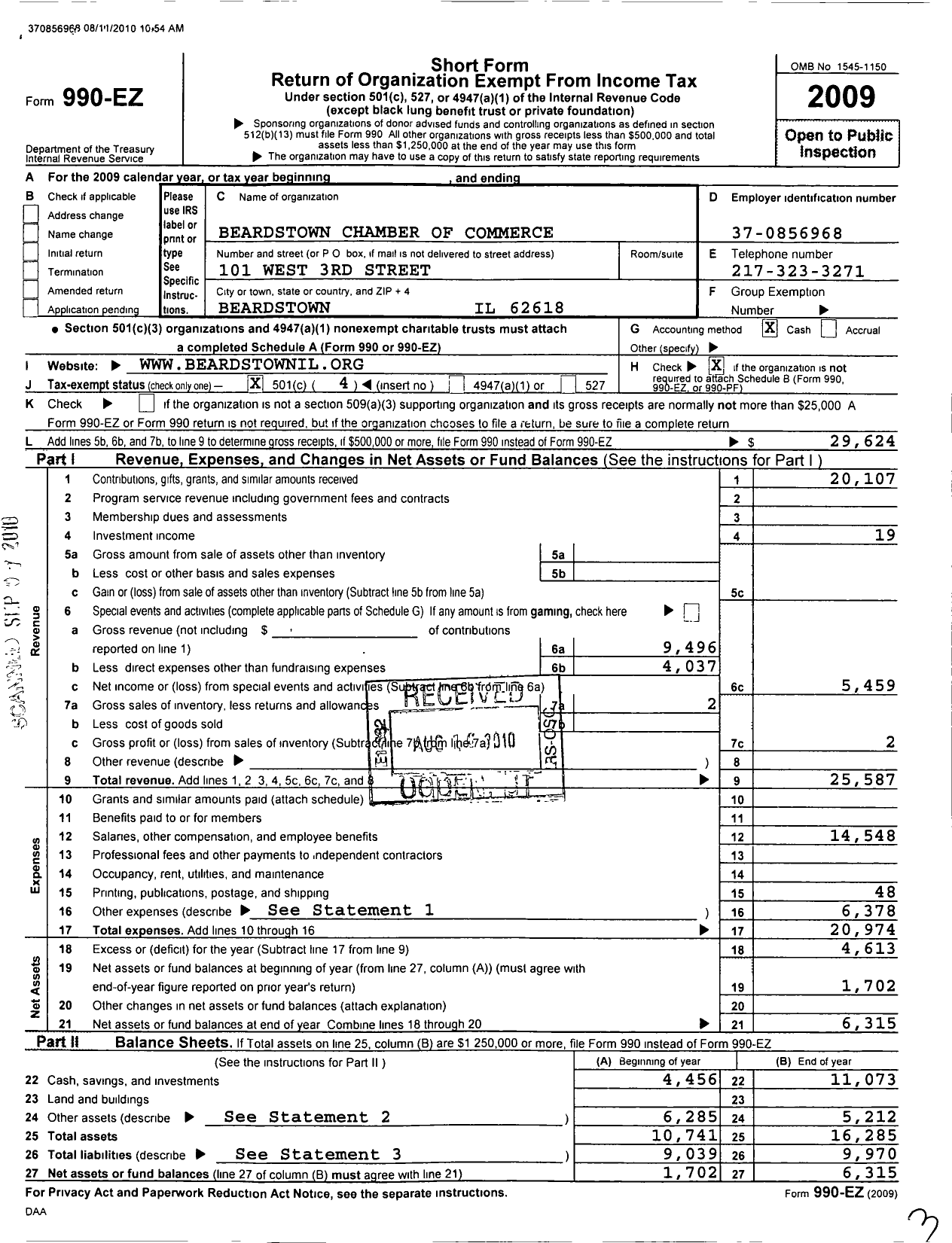 Image of first page of 2009 Form 990EO for Beardstown Chamber of Commerce