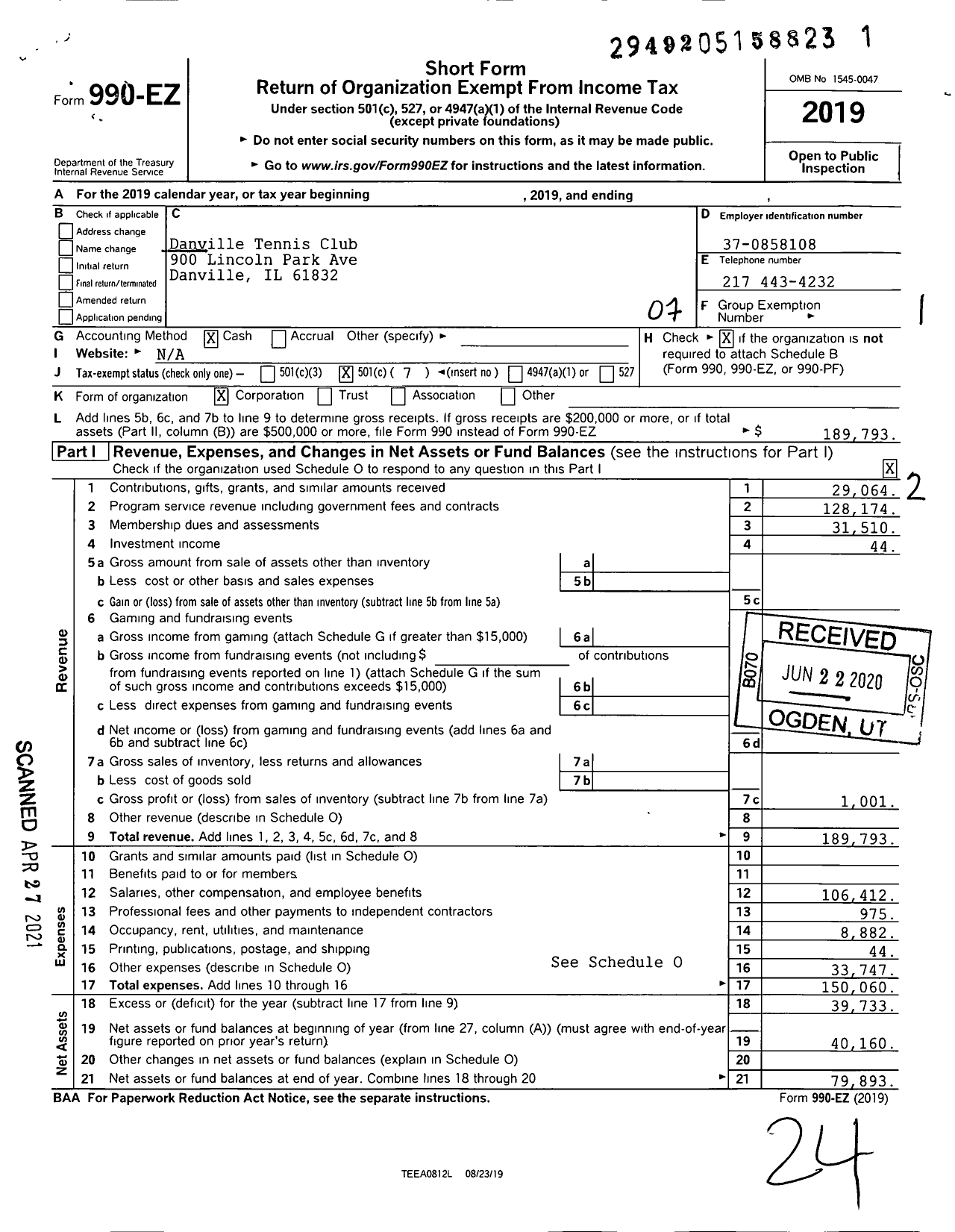 Image of first page of 2019 Form 990EO for Danville Tennis Club Danville Tennis Club