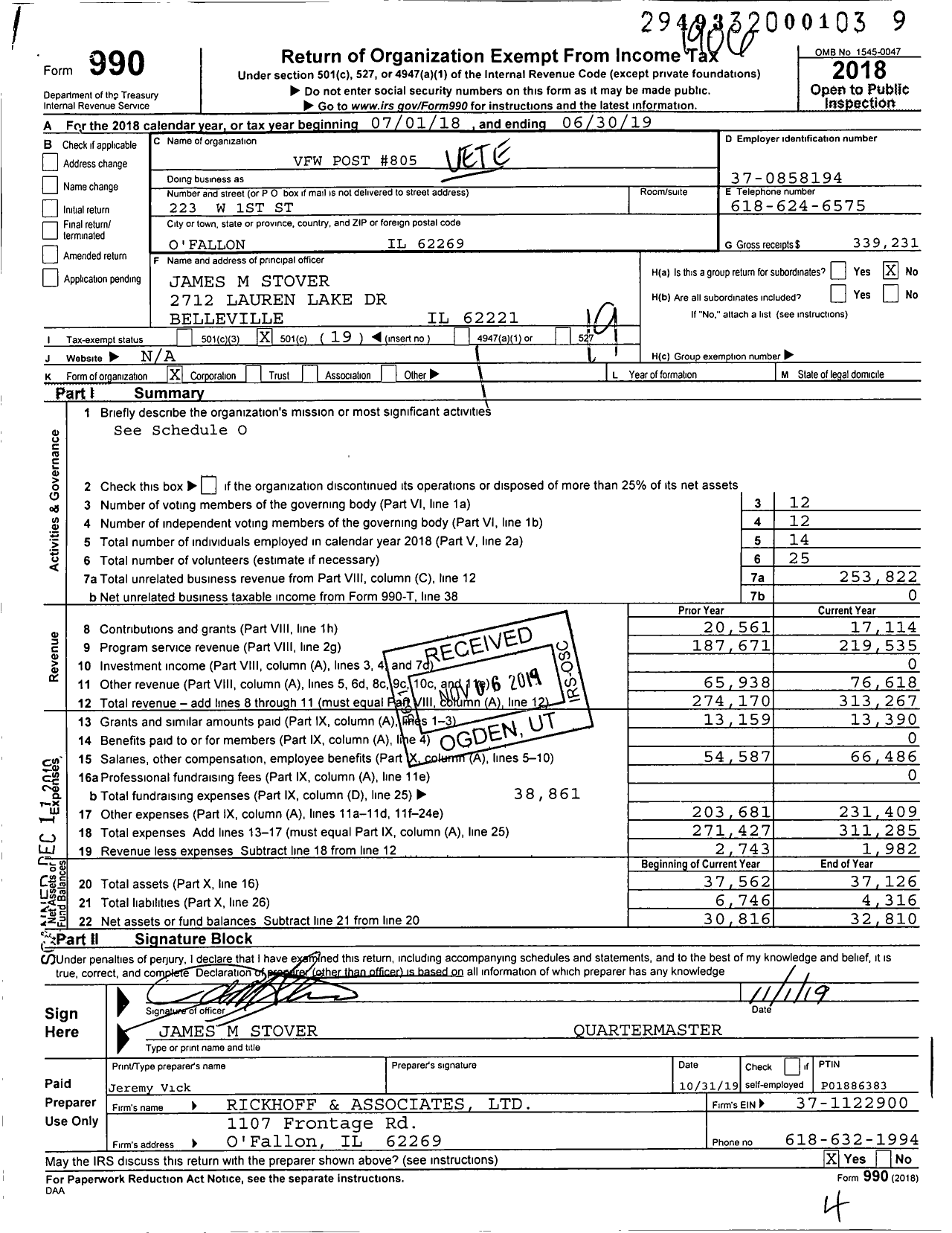 Image of first page of 2018 Form 990O for VFW Dept of Illinois - 805 SGT Charles A Fricke Post