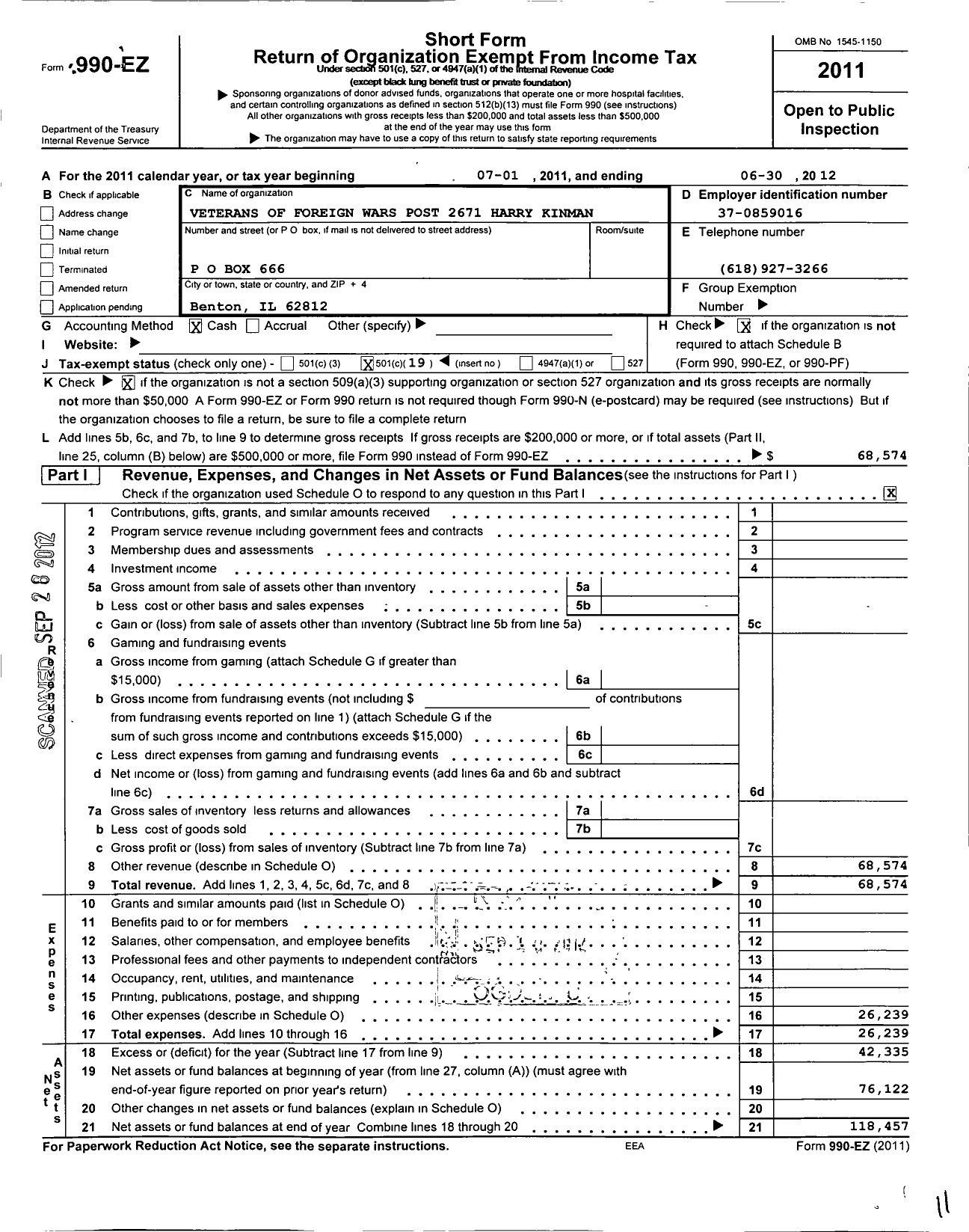 Image of first page of 2011 Form 990EO for VFW Dept of Illinois - 2671 Harry H Kinman Post