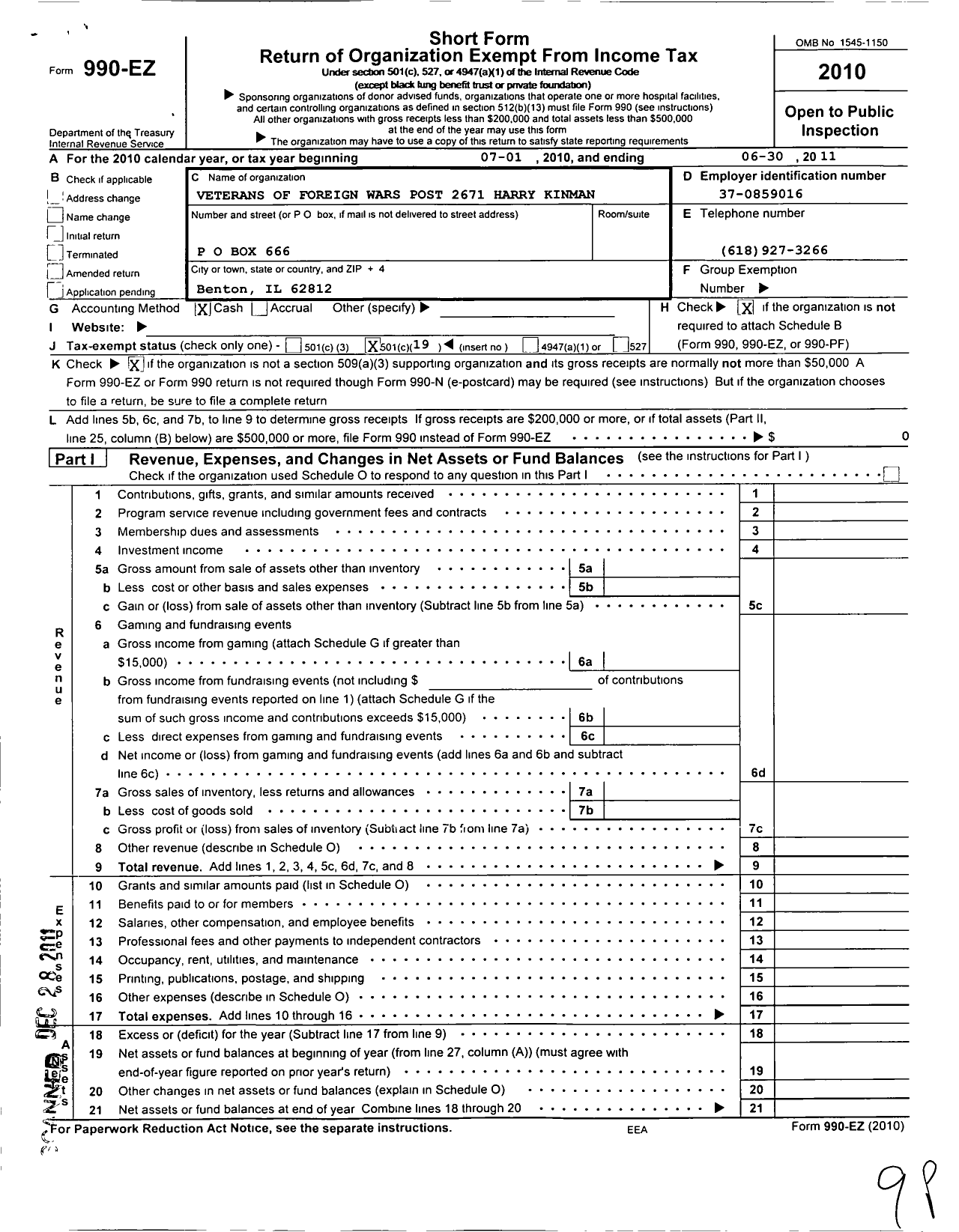 Image of first page of 2010 Form 990EO for VFW Dept of Illinois - 2671 Harry H Kinman Post