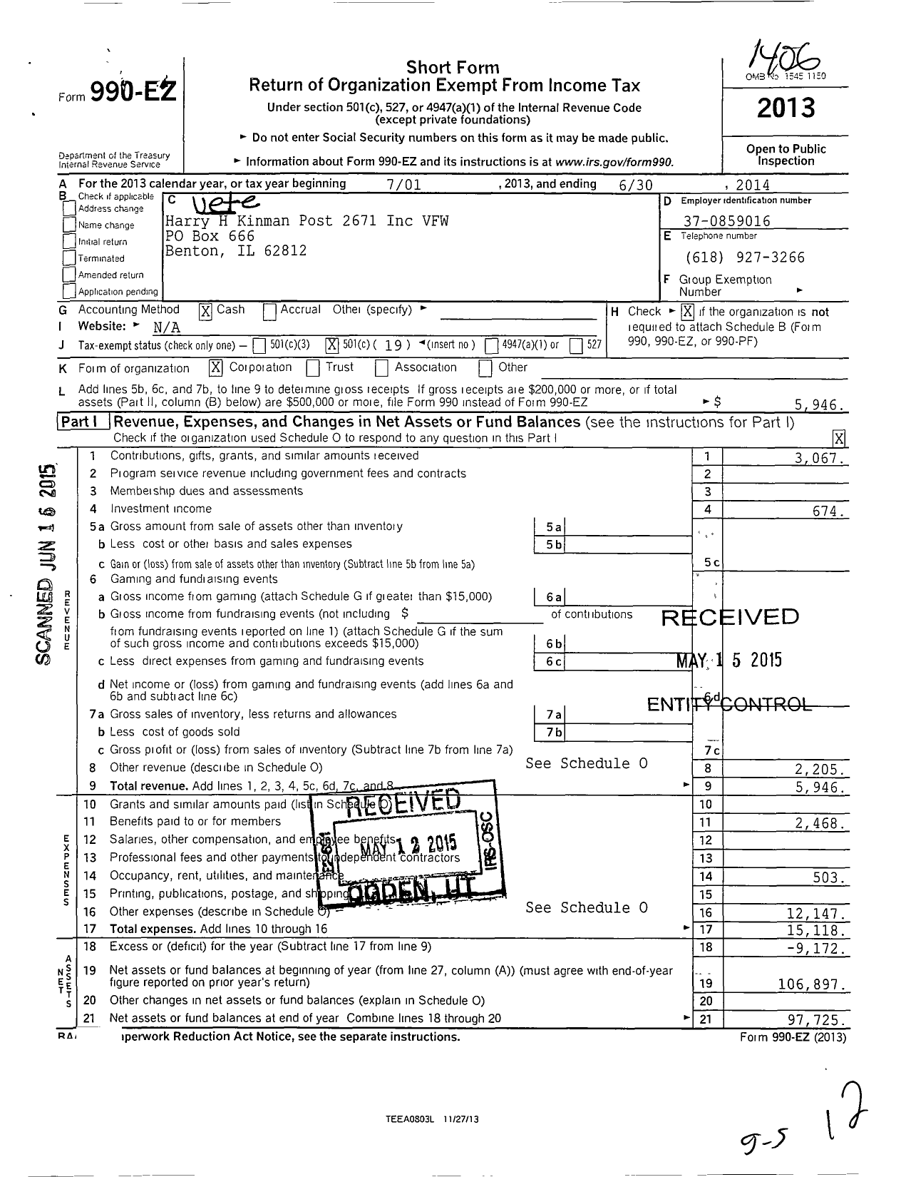 Image of first page of 2013 Form 990EO for VFW Dept of Illinois - 2671 Harry H Kinman Post