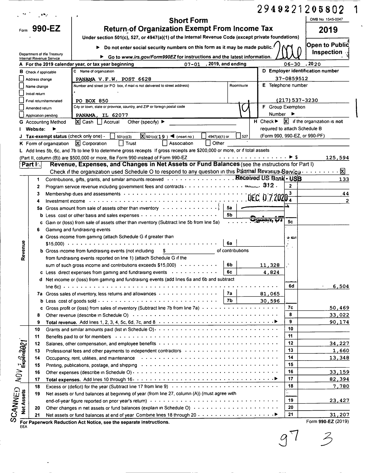 Image of first page of 2019 Form 990EO for VFW Dept of Illinois - 6628 Panama Post