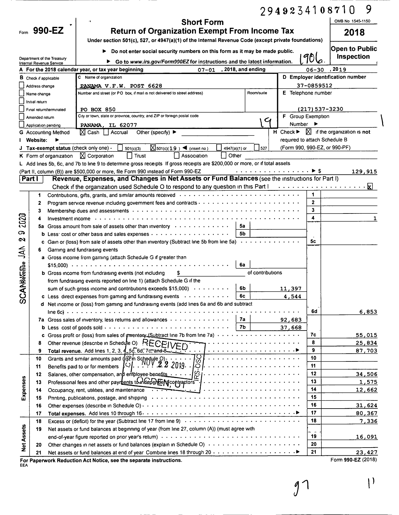 Image of first page of 2018 Form 990EO for VFW Dept of Illinois - 6628 Panama Post