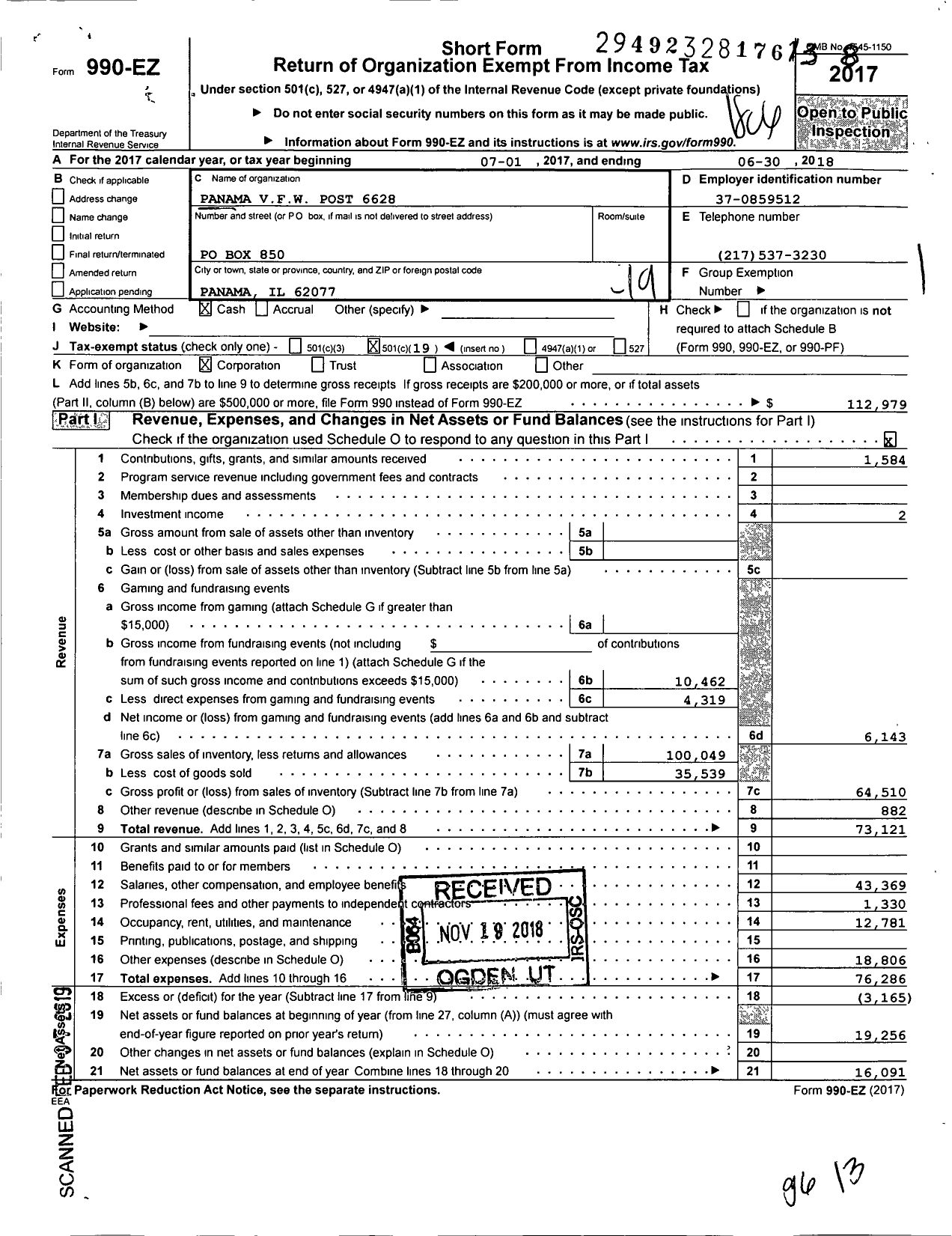 Image of first page of 2017 Form 990EO for VFW Dept of Illinois - 6628 Panama Post