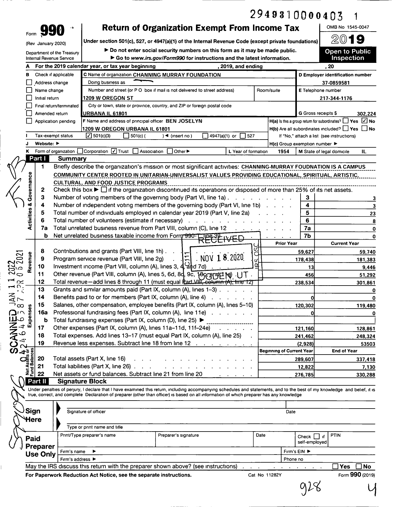Image of first page of 2019 Form 990 for Channing-Murray Foundation