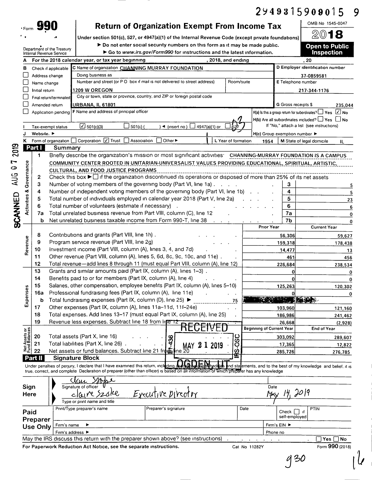 Image of first page of 2018 Form 990 for Channing-Murray Foundation