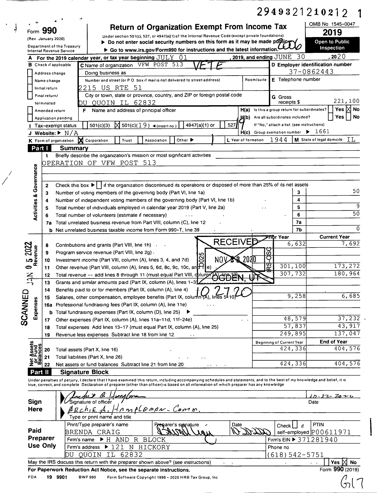 Image of first page of 2019 Form 990O for VFW Dept of Illinois - 513 Duquoin Post