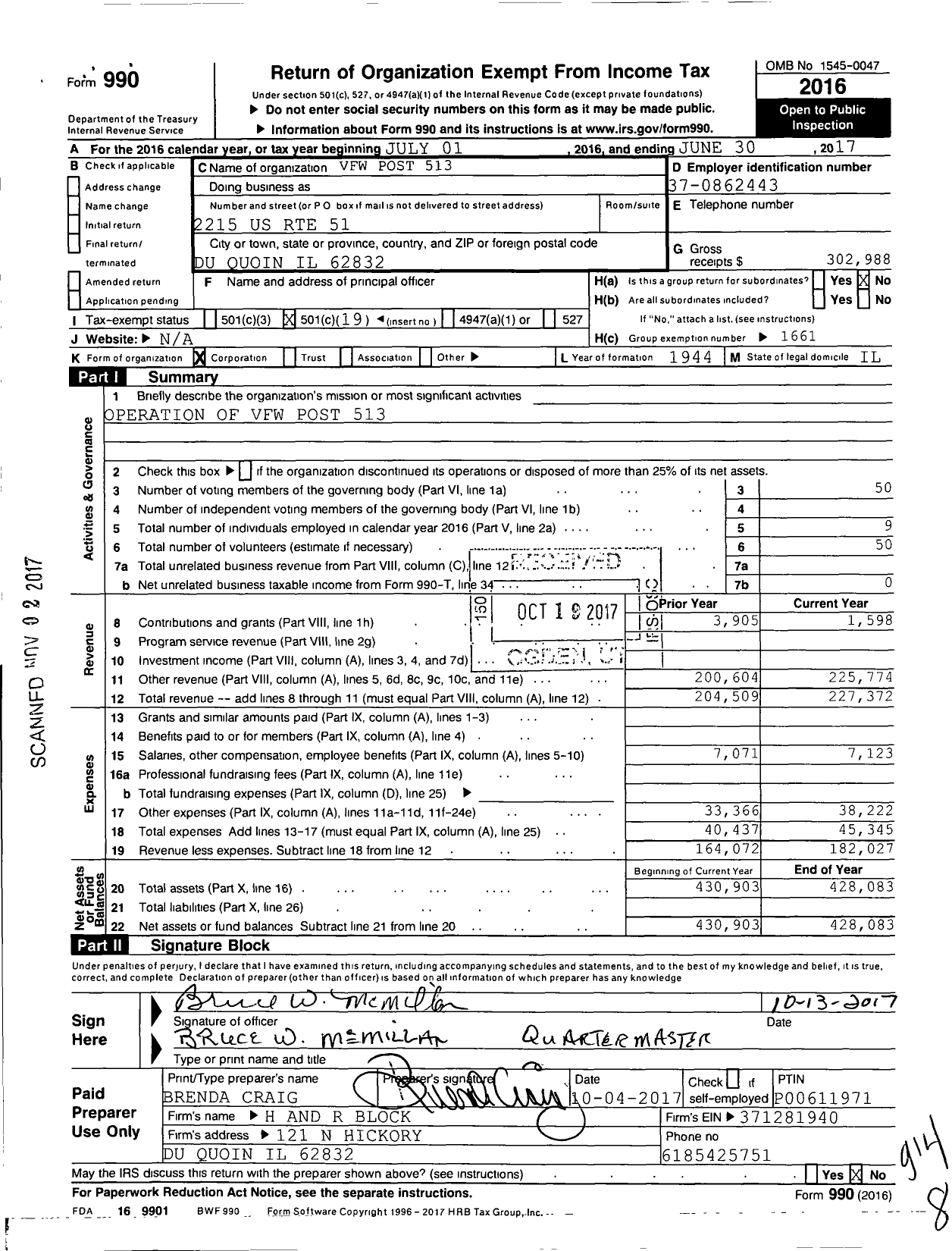 Image of first page of 2016 Form 990O for VFW Dept of Illinois - 513 Duquoin Post