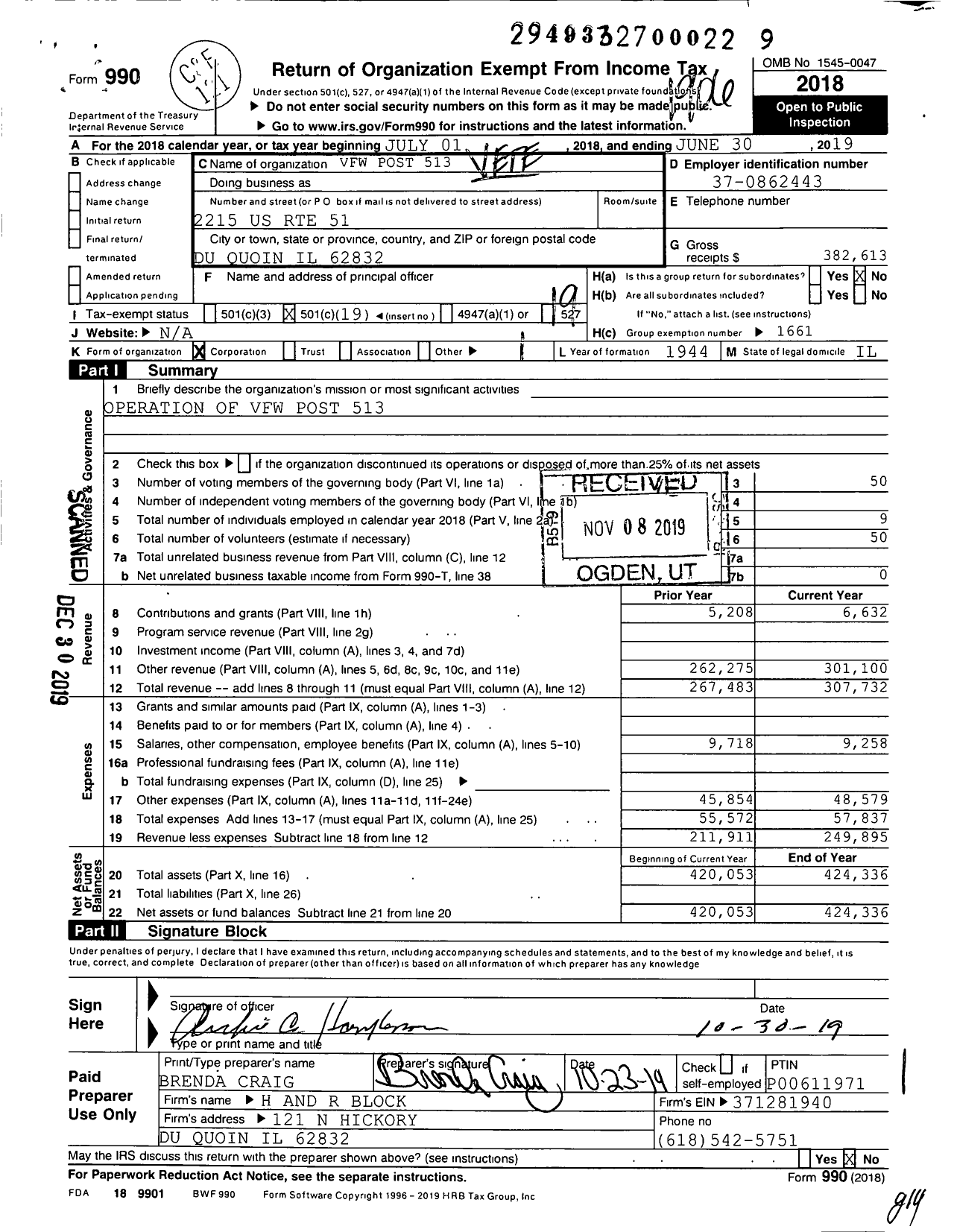 Image of first page of 2018 Form 990O for VFW Dept of Illinois - 513 Duquoin Post