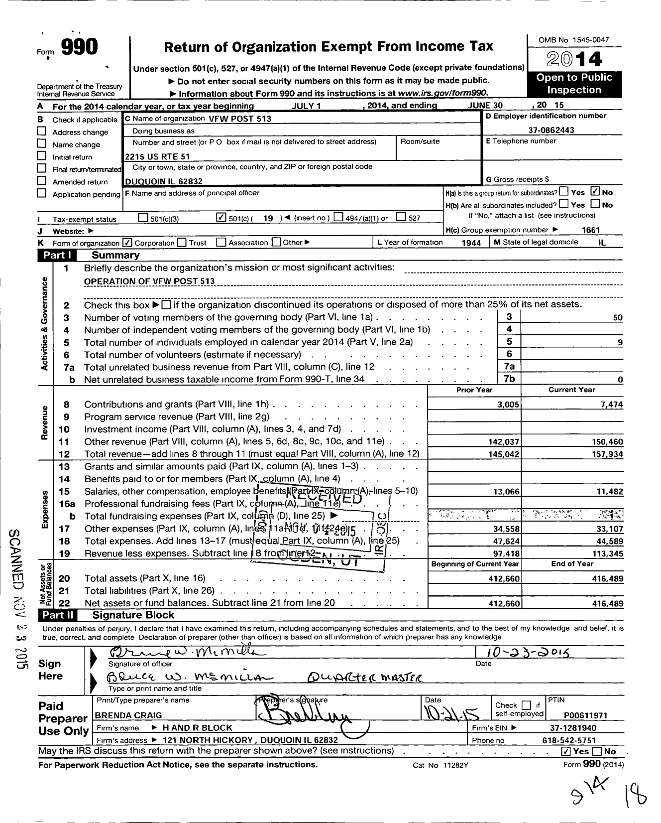 Image of first page of 2014 Form 990O for VFW Dept of Illinois - 513 Duquoin Post