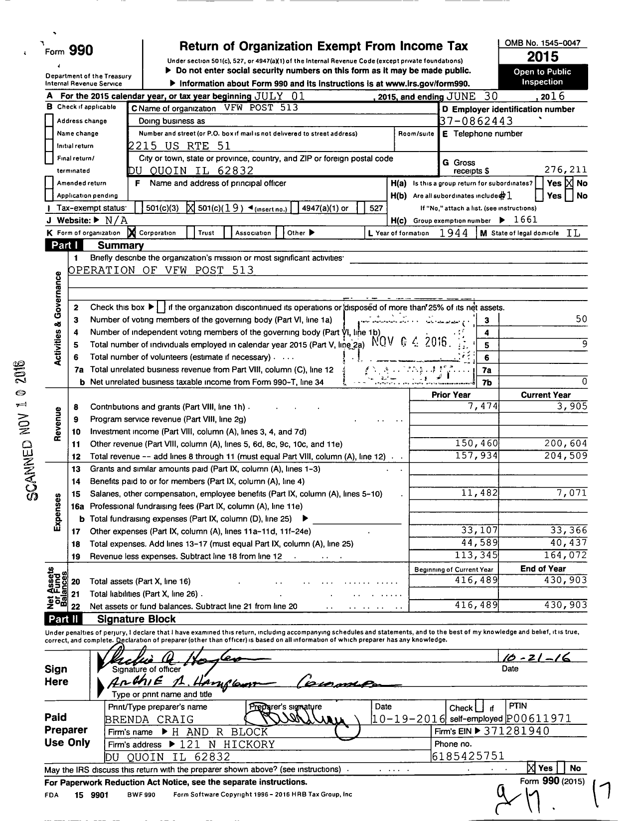 Image of first page of 2015 Form 990O for VFW Dept of Illinois - 513 Duquoin Post