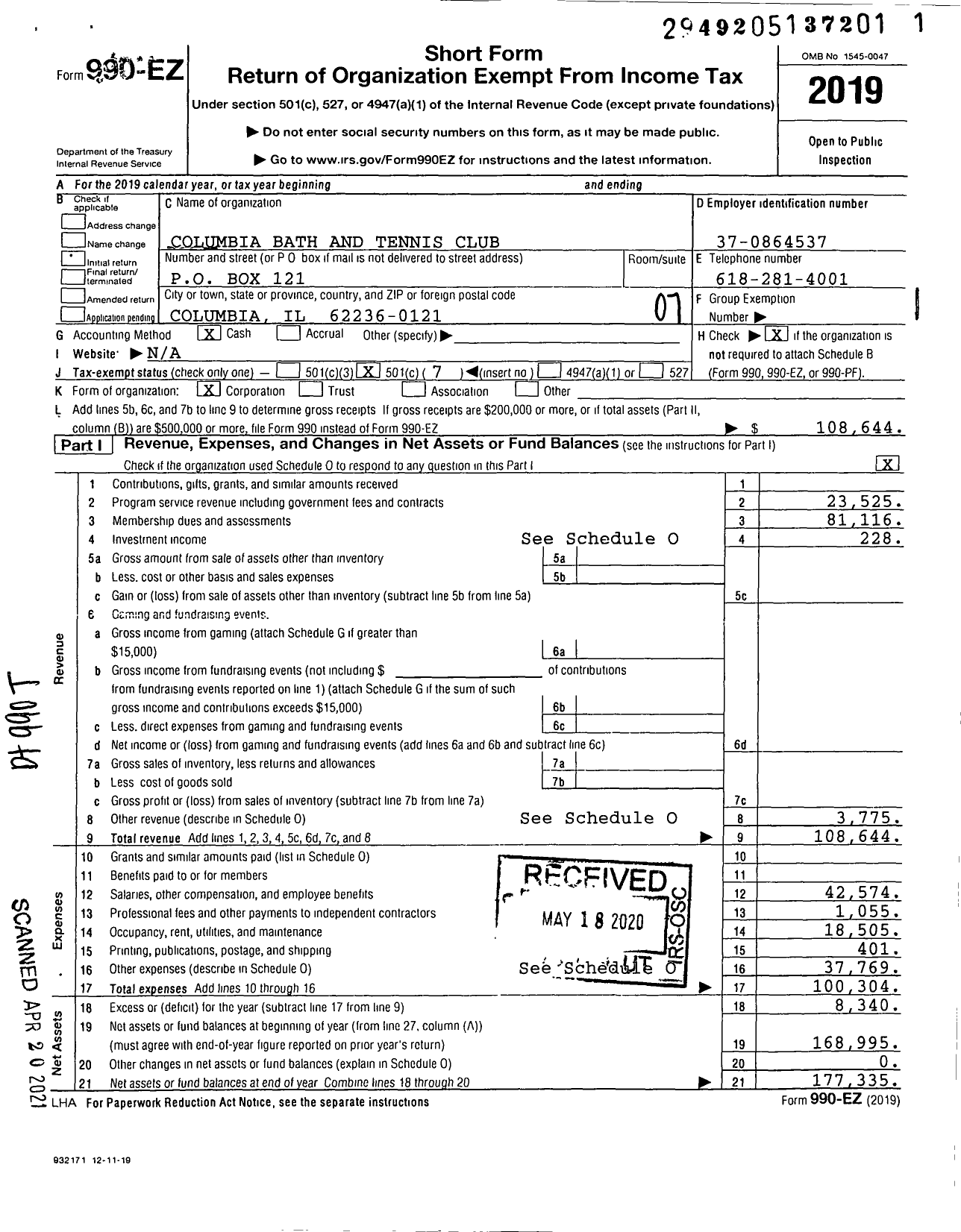 Image of first page of 2019 Form 990EO for Columbia Bath and Tennis Club