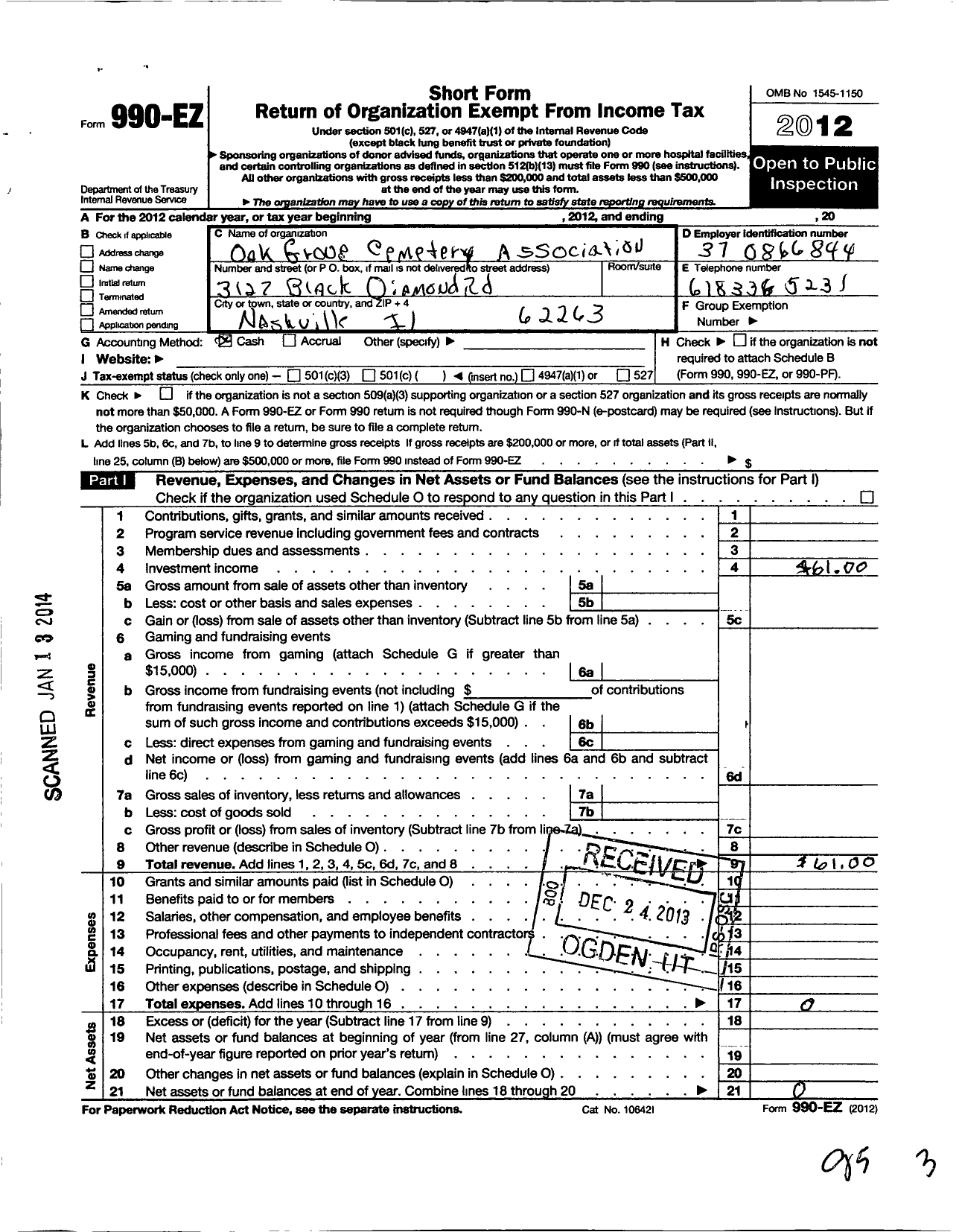 Image of first page of 2012 Form 990EO for Oak Grove Cemetery Association of Washington County