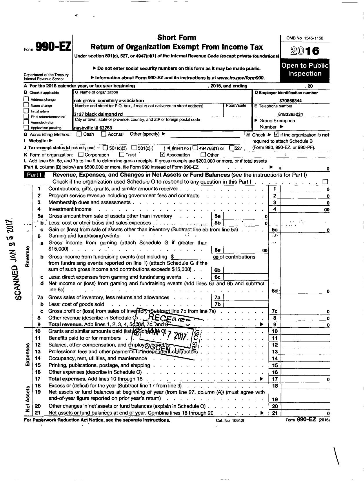 Image of first page of 2016 Form 990EO for Oak Grove Cemetery Association of Washington County