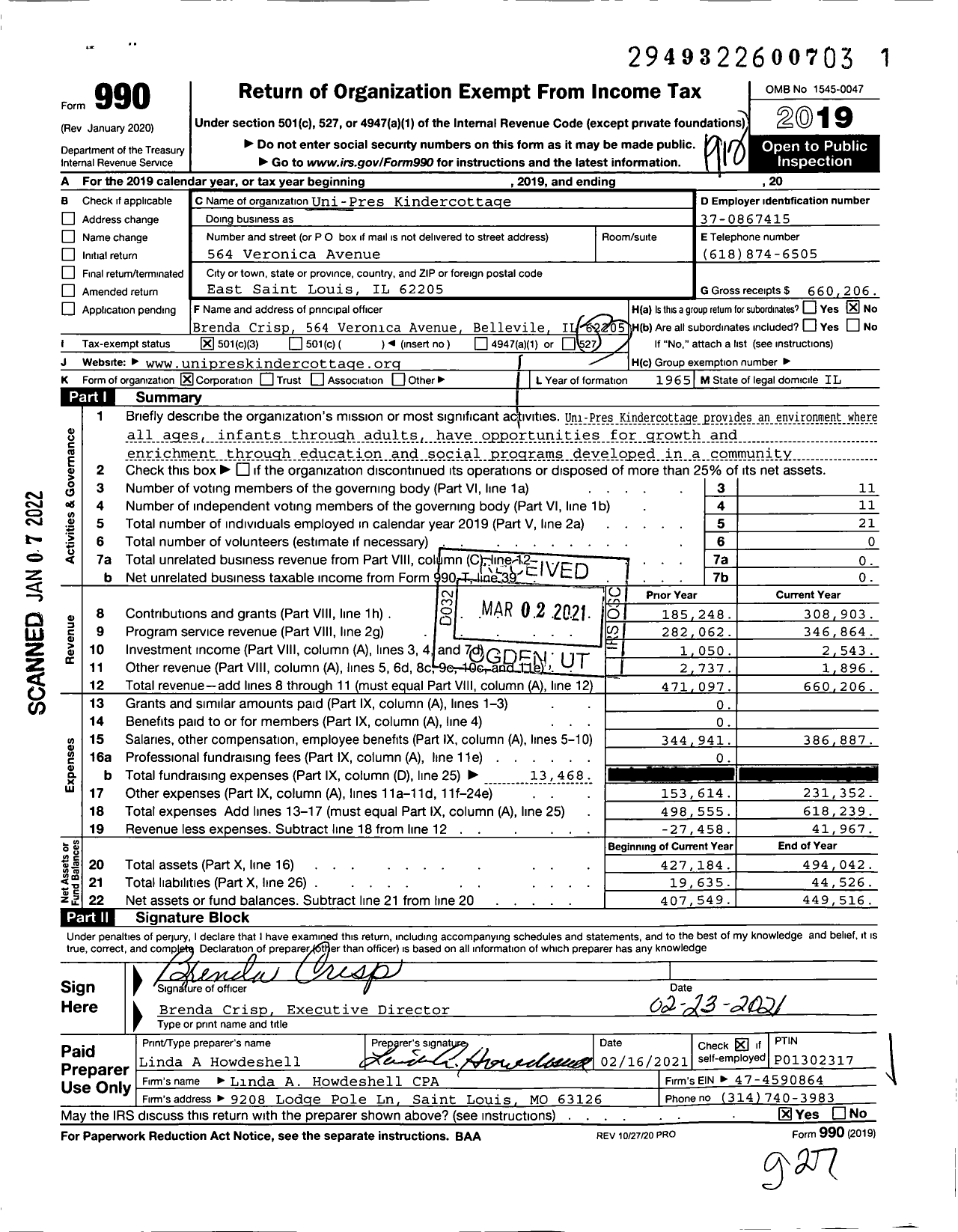 Image of first page of 2019 Form 990 for Uni-Pres Kindercottage