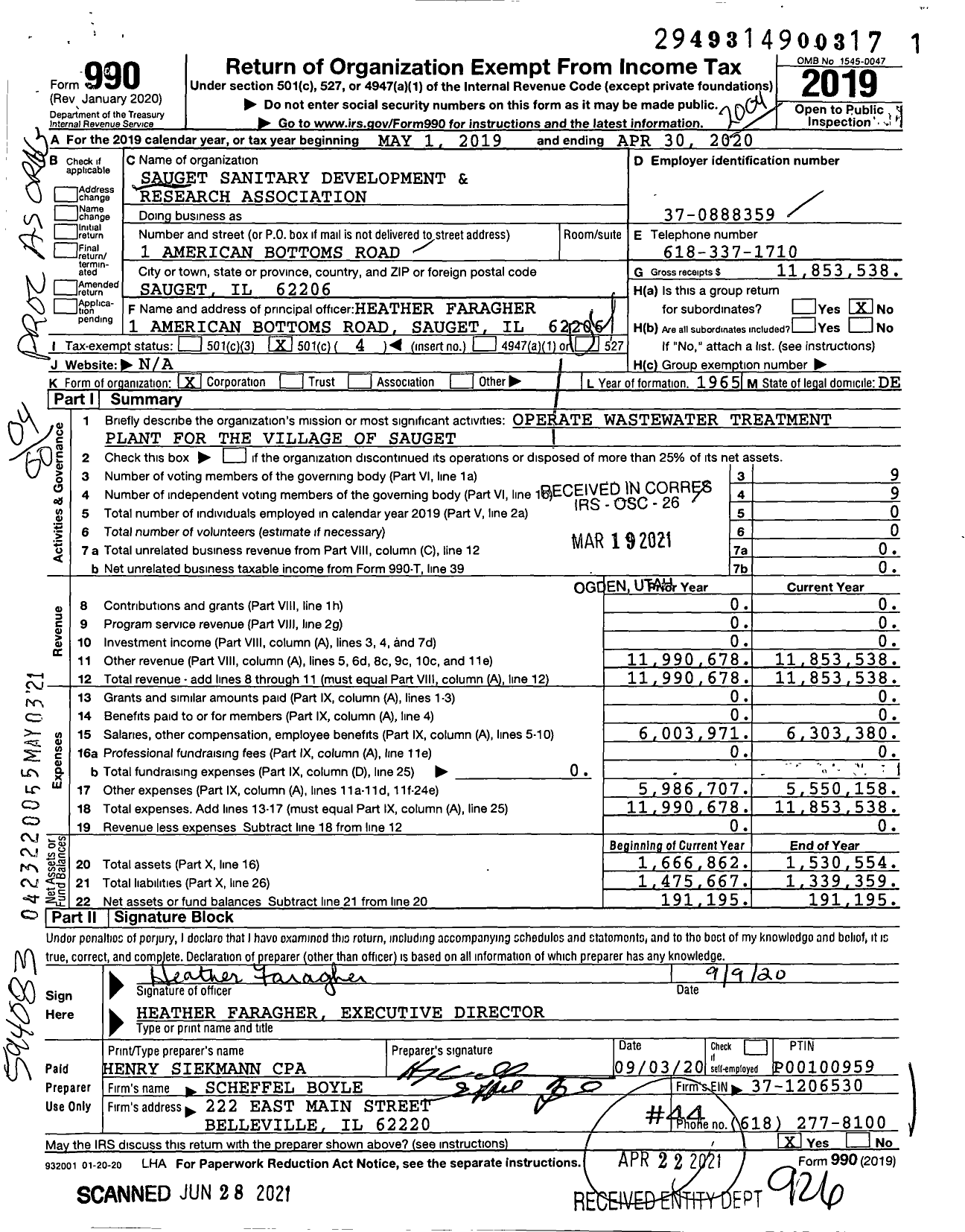 Image of first page of 2019 Form 990O for Sauget Sanitary Development & Research Association