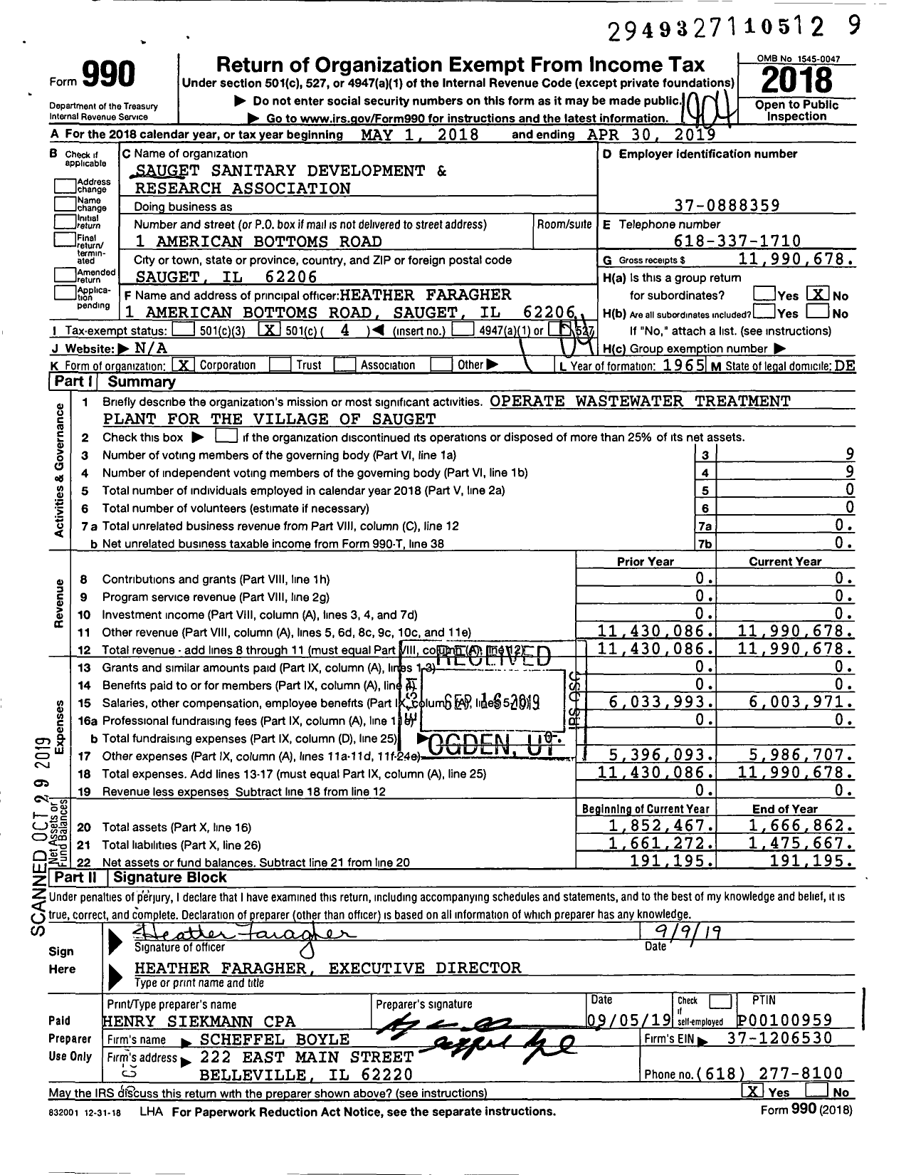 Image of first page of 2018 Form 990O for Sauget Sanitary Development & Research Association