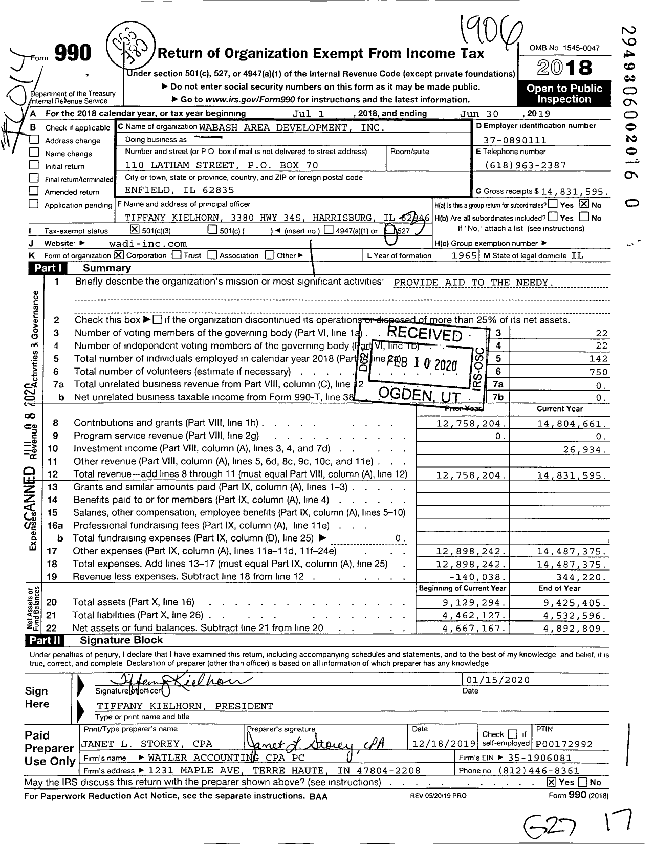 Image of first page of 2018 Form 990 for Wabash Area Development